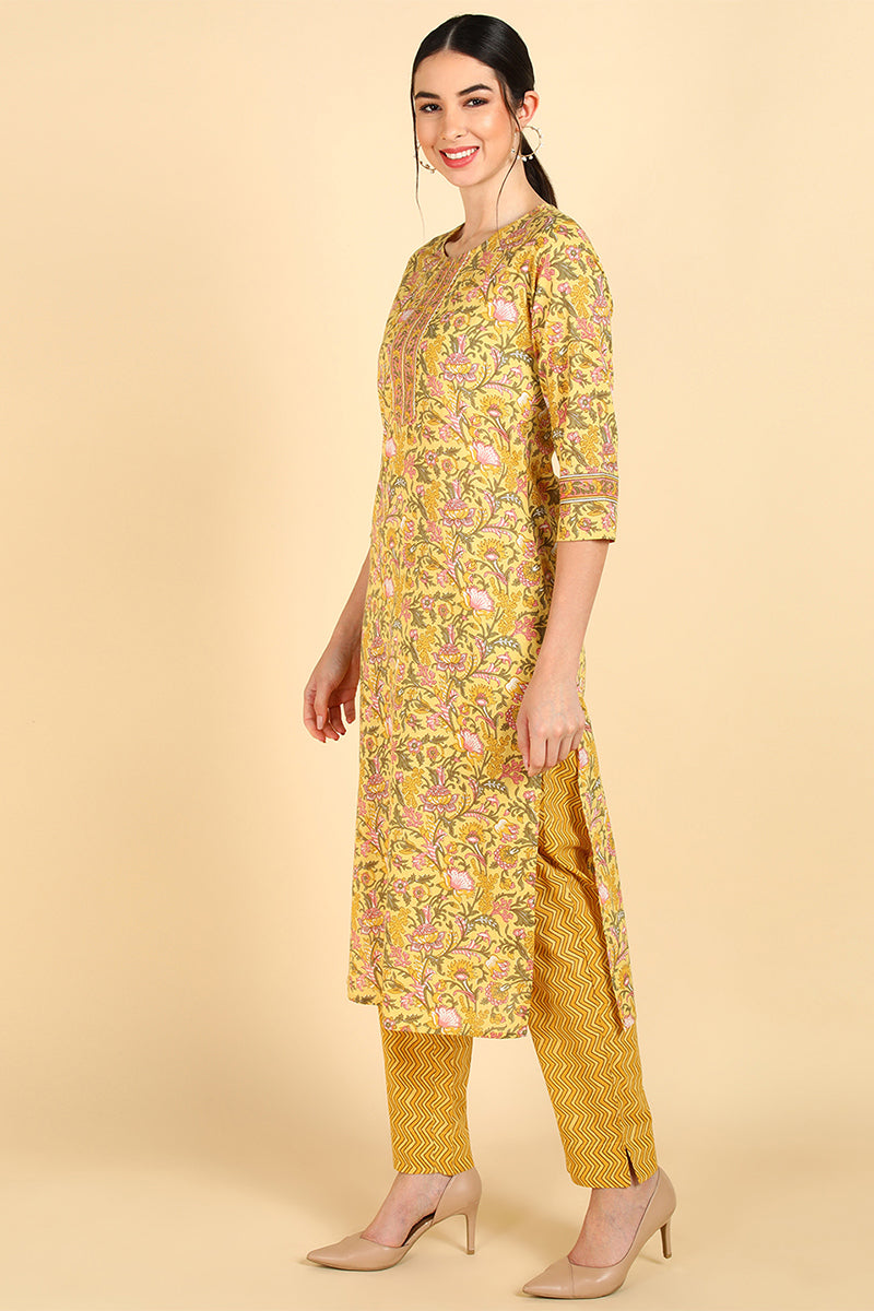 Ahika Yellow Pure Cotton Straight Kurta Pant With Dupatta Set VKSKD1405 - view 2