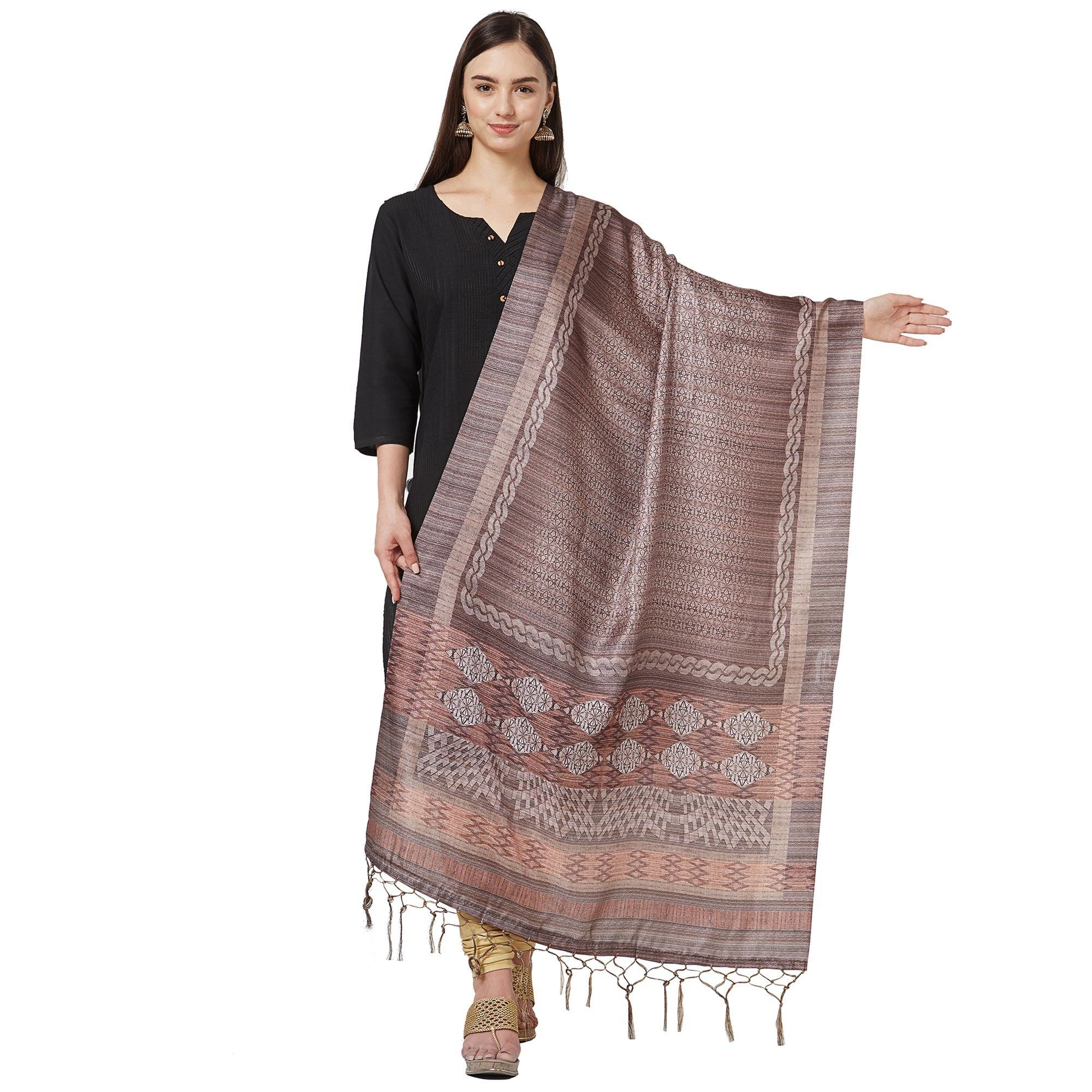 Peachmode Seller Gleaming Brown Colored Casual Printed Pashmina Silk Dupatta