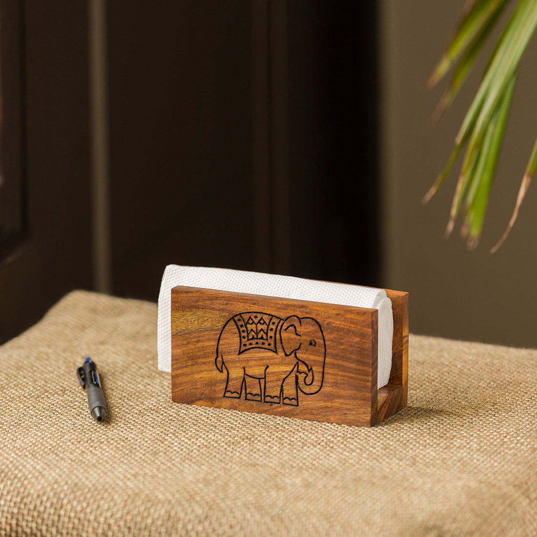 EXCLUSIVELANE 'The Elephant Warriors' Hand Carved Napkin Holder In Sheesham Wood