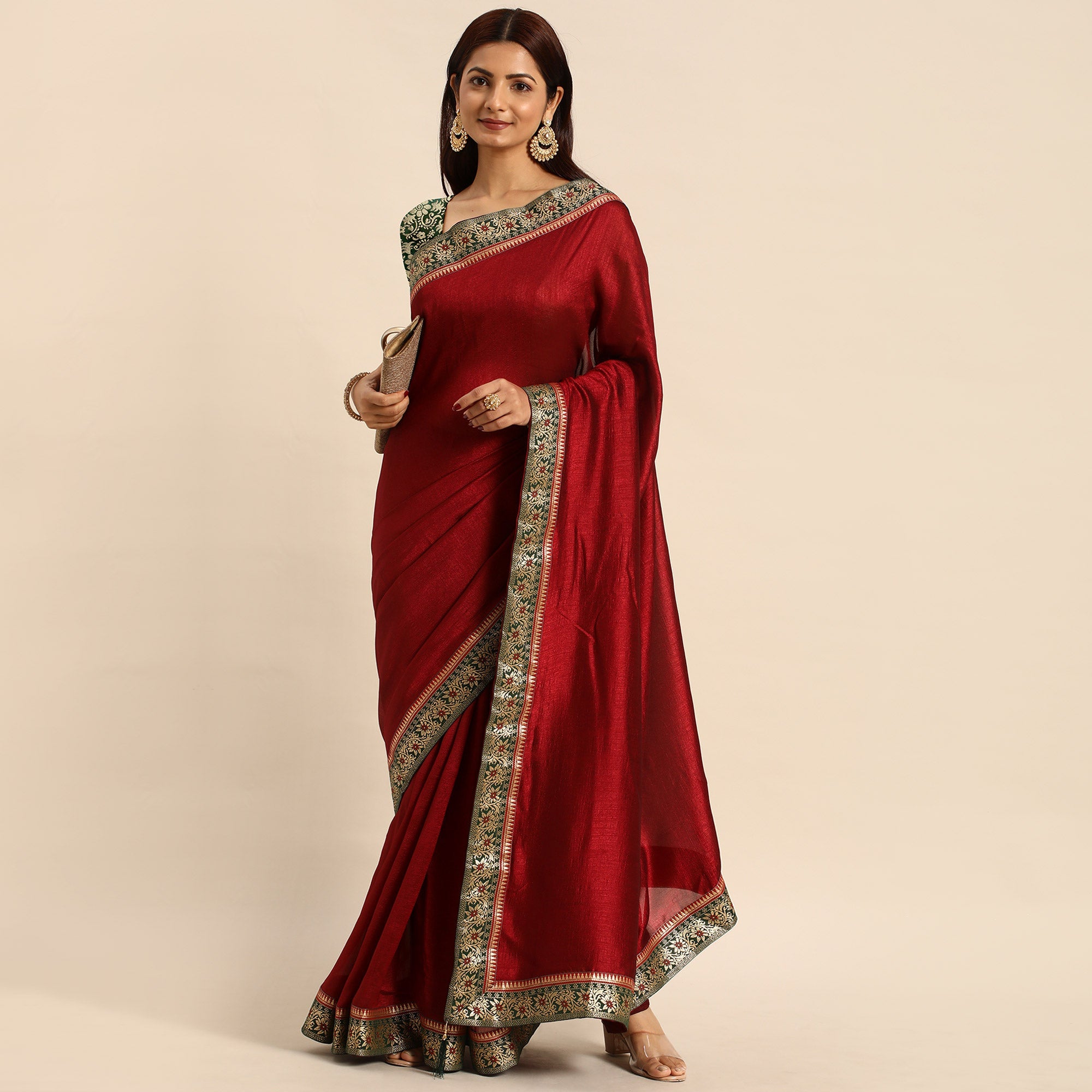 Peachmode Maroon Solid Vichitra Silk Saree With Fancy Border - view 2