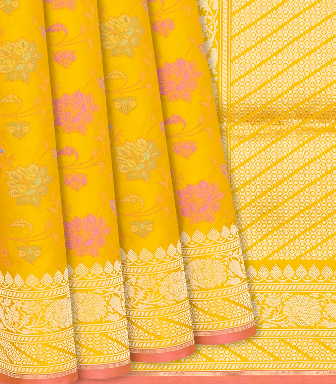 RmKV Mustard Handloom Banarasi Silk Saree With Meena Floral Motifs-Mustard