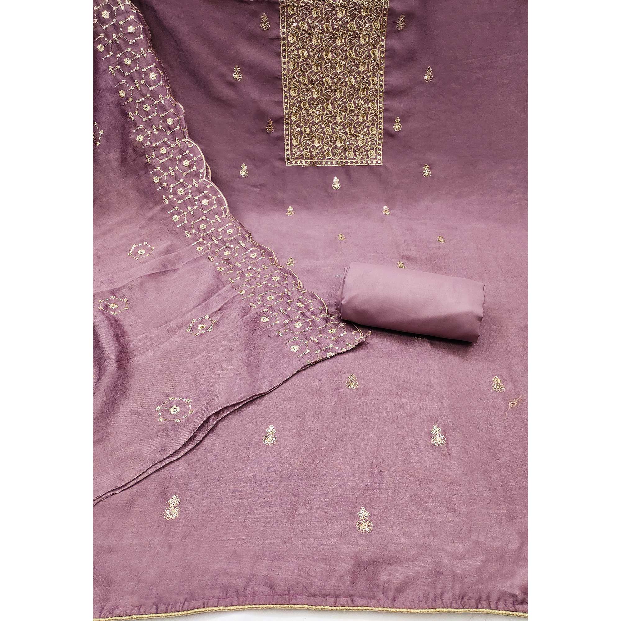 Peachmode Mauve Sequins Embroidered Chinon Dress Material - view 3
