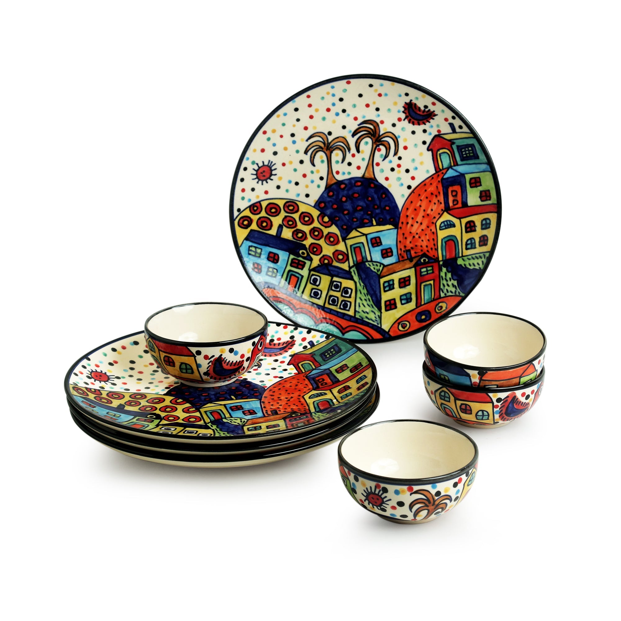 EXCLUSIVELANE 'Hut Dining' Handpainted Ceramic Dinner Plates With Katoris (8 Pieces, Serving for 4) - view 2