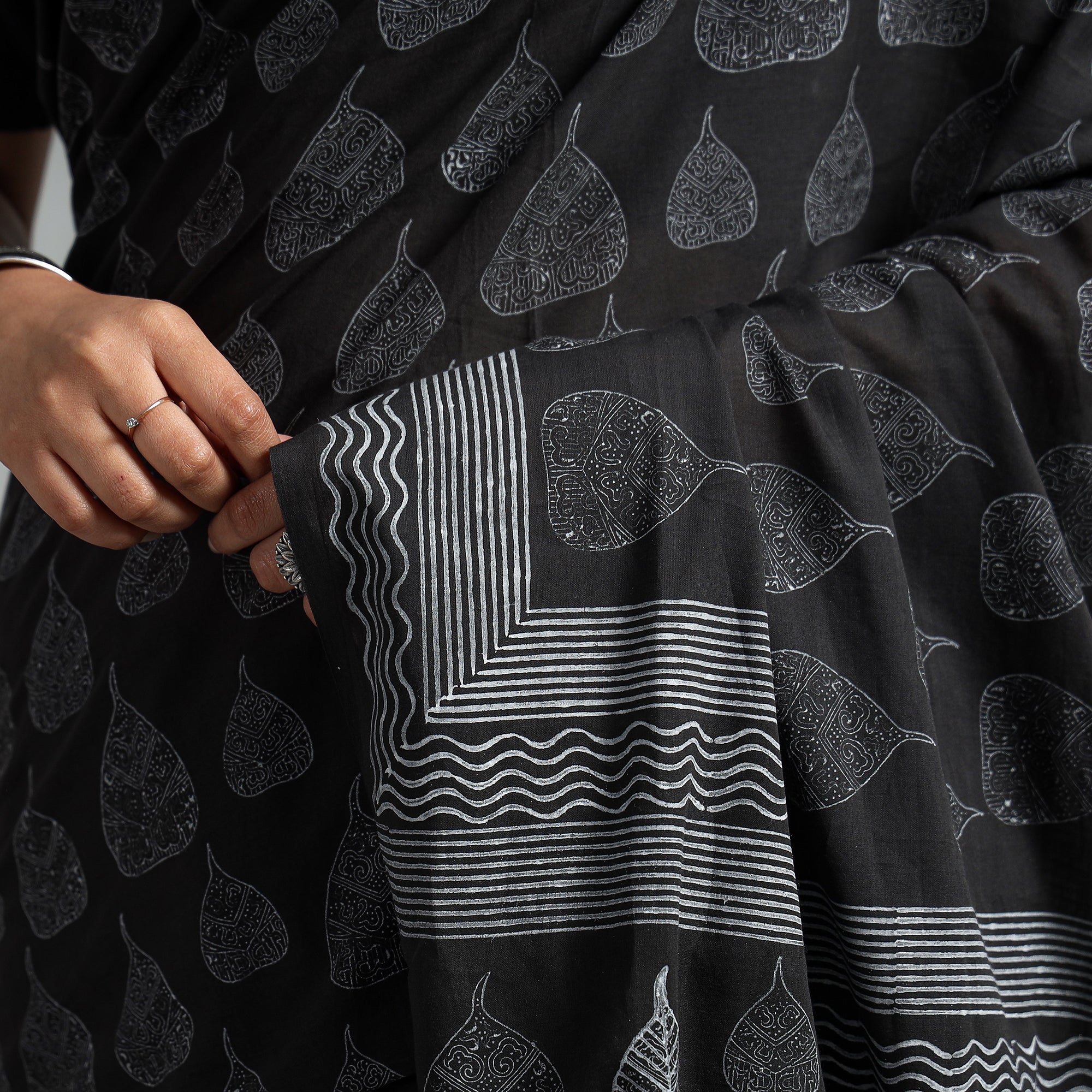 SANTOSH KUMAR DHANOPIA Black - Block Printed Mul Cotton Sanganeri Saree - view 5