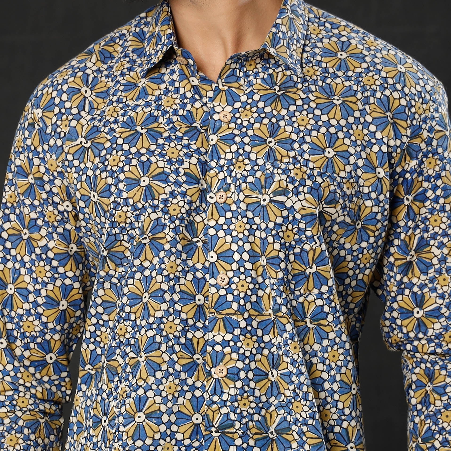 ITOKRI CASUALS Blue - Geometric Flowers Ajrakh Block Printed Cotton Men Full Sleeve Shirt - view 3