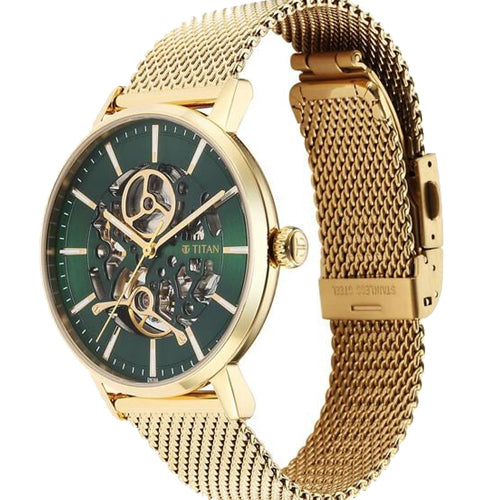 Titan Mechanical Slimline Green Dial Golden Mesh Strap watch for Men 42mm NT90159YM01 - view 2