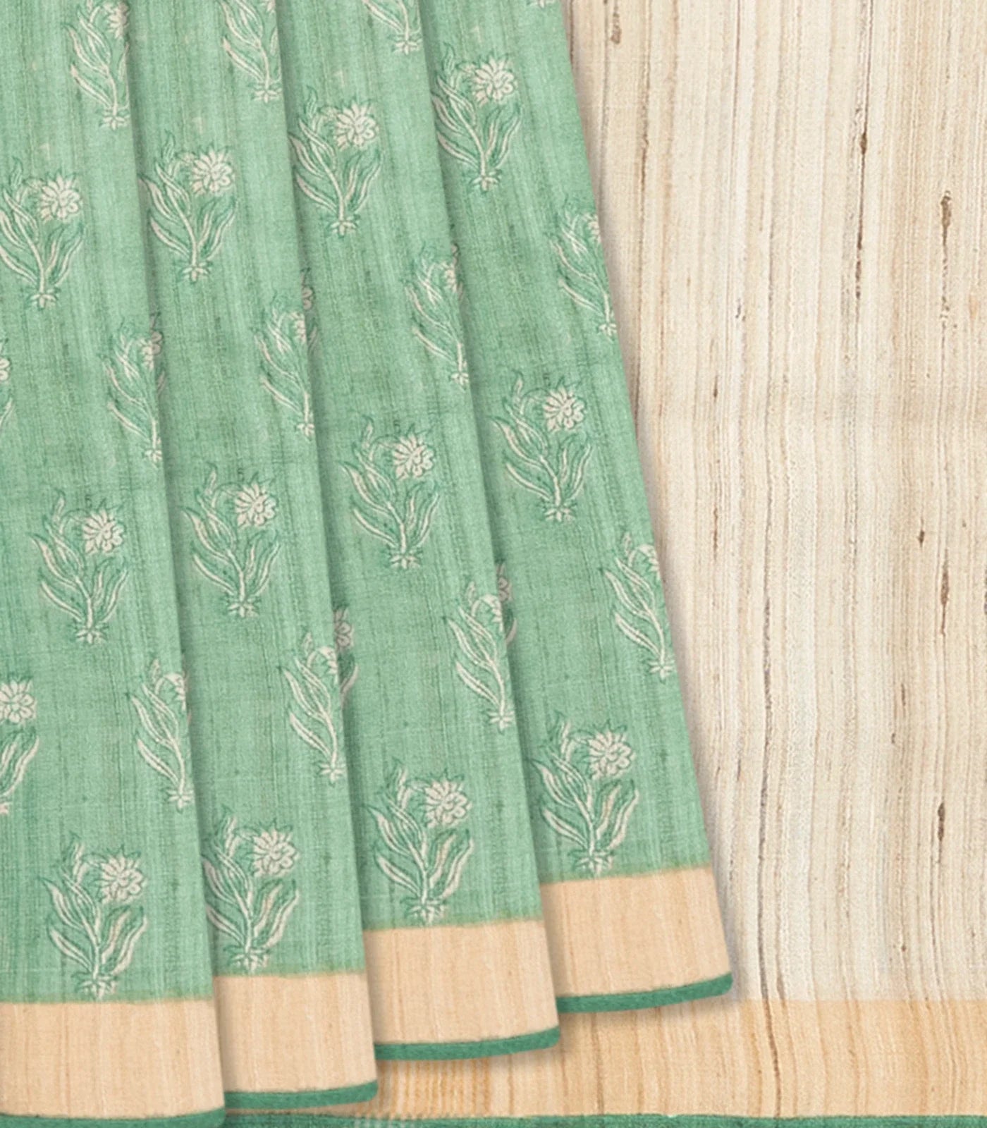 RmKV Cardamom Green Handloom Tussar Silk Saree With Printed Floral Motifs & Beige Border-Cardamom Green