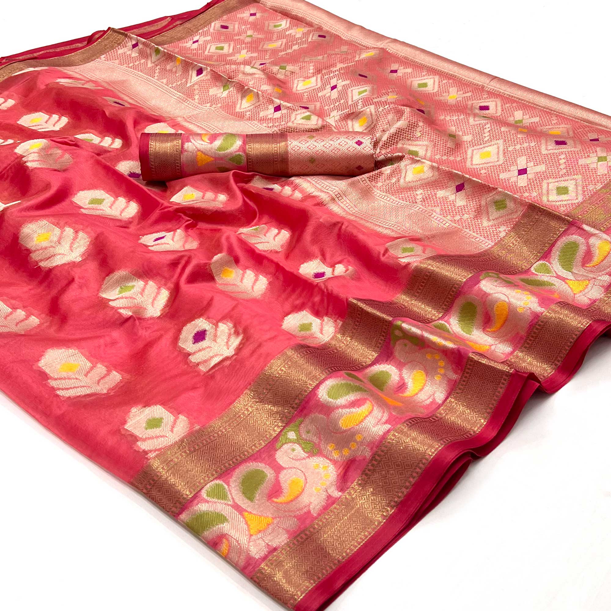 Peachmode Gajari Pink Woven Jacquard Saree – Women's