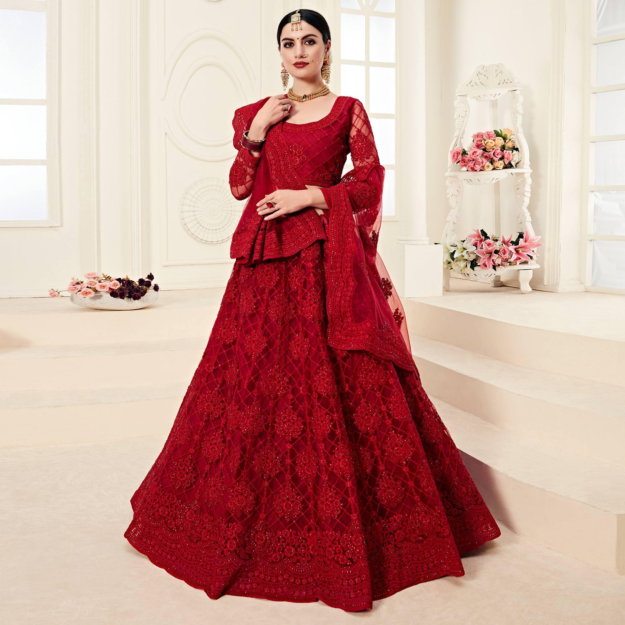 Peachmode Lovely Red Colored Cording Embroidery Wedding Wear Net Lehenga Choli