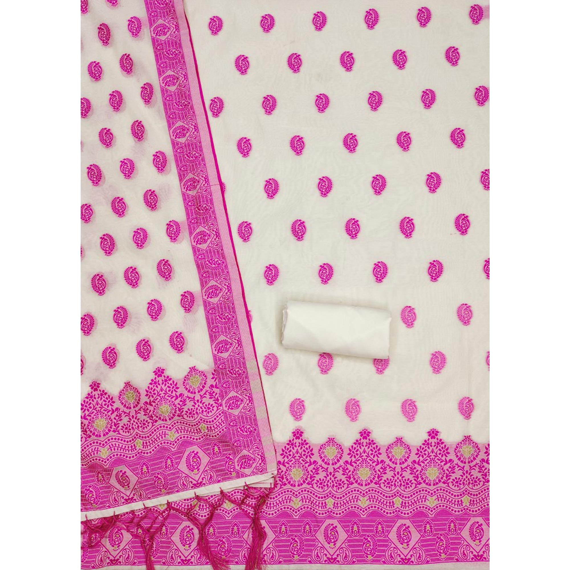 Peachmode Offwhite & Pink Floral Woven Chanderi Dress Material - view 4