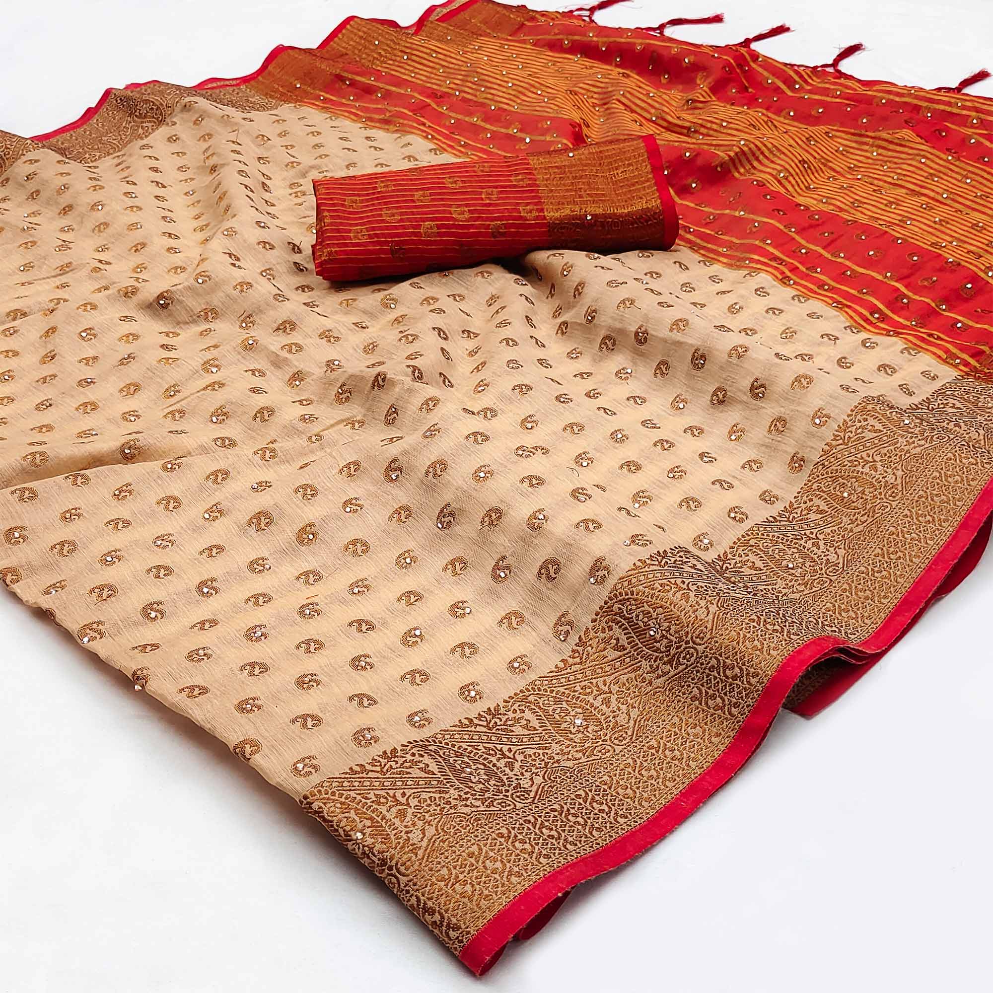 Peachmode Chikoo Floral Woven Cotton Silk Saree