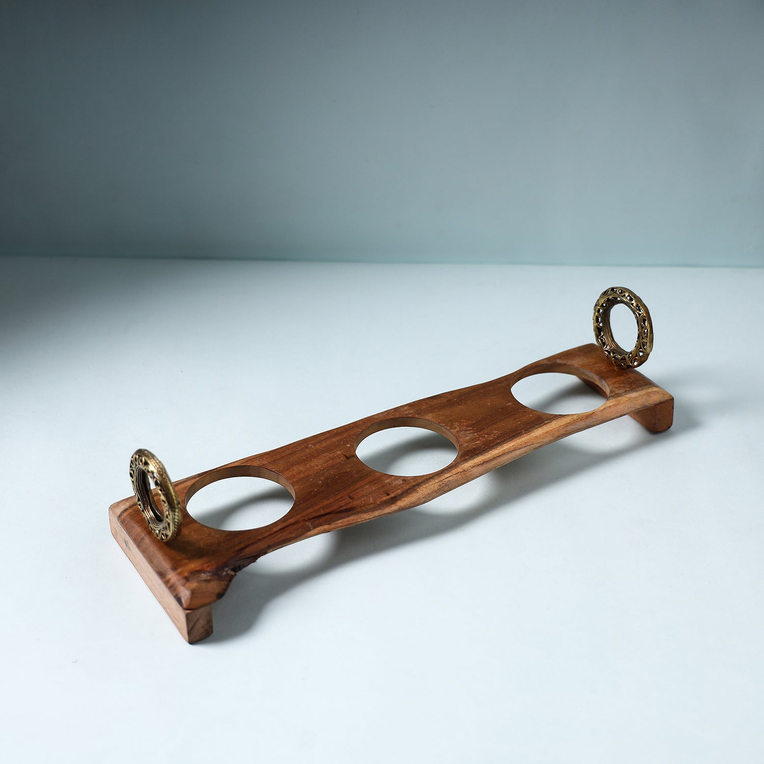 ITOKRI CRAFTS INITIATIVE Brown - Hand Carved Dokra Natural Mahogany Wooden Glass Holder Tray (13 x 4 in)