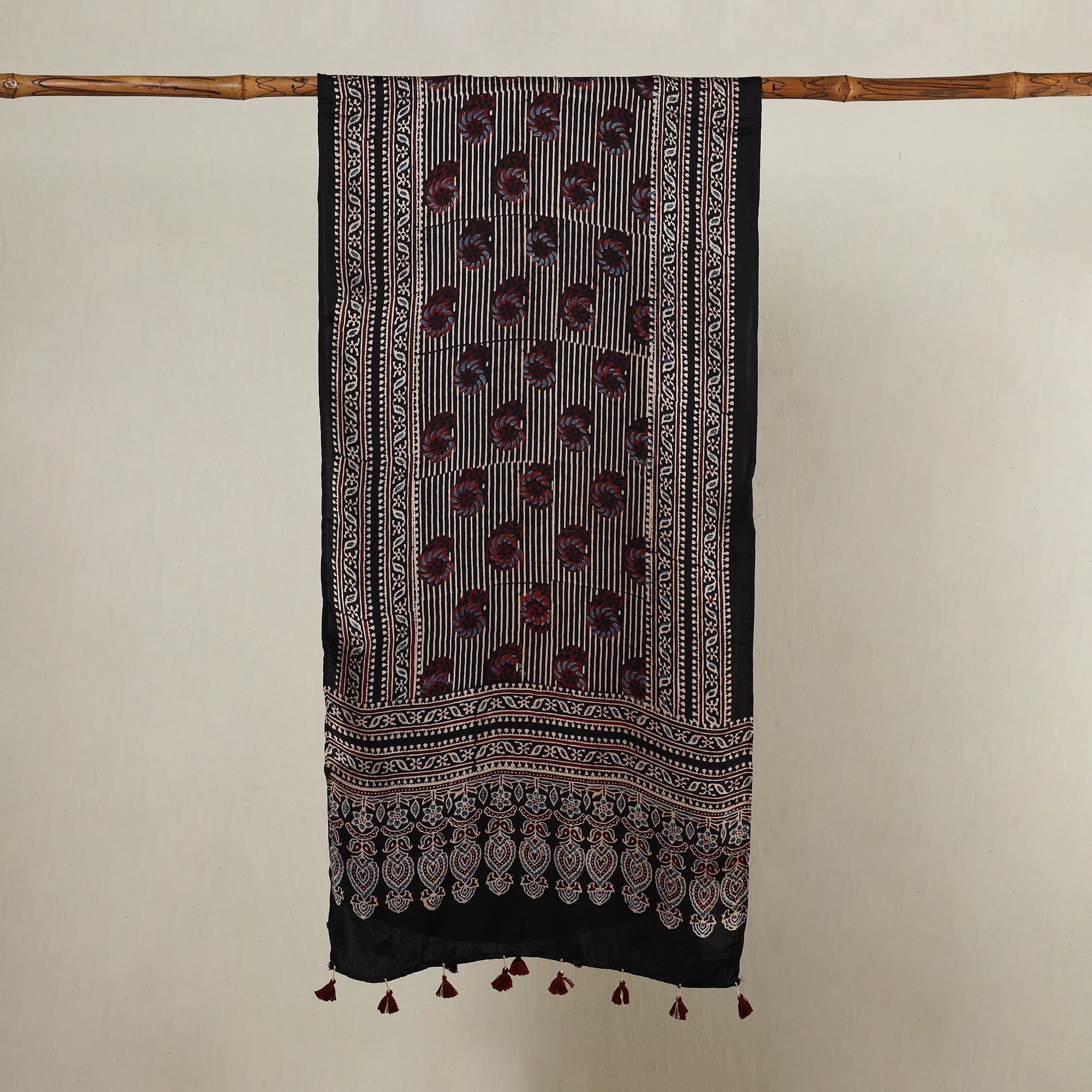 RIYAZ ABDULMAJID KHATRI - AJRAKH Black - Ajrakh Hand Block Printed Modal Silk Stole with Tassels - view 2