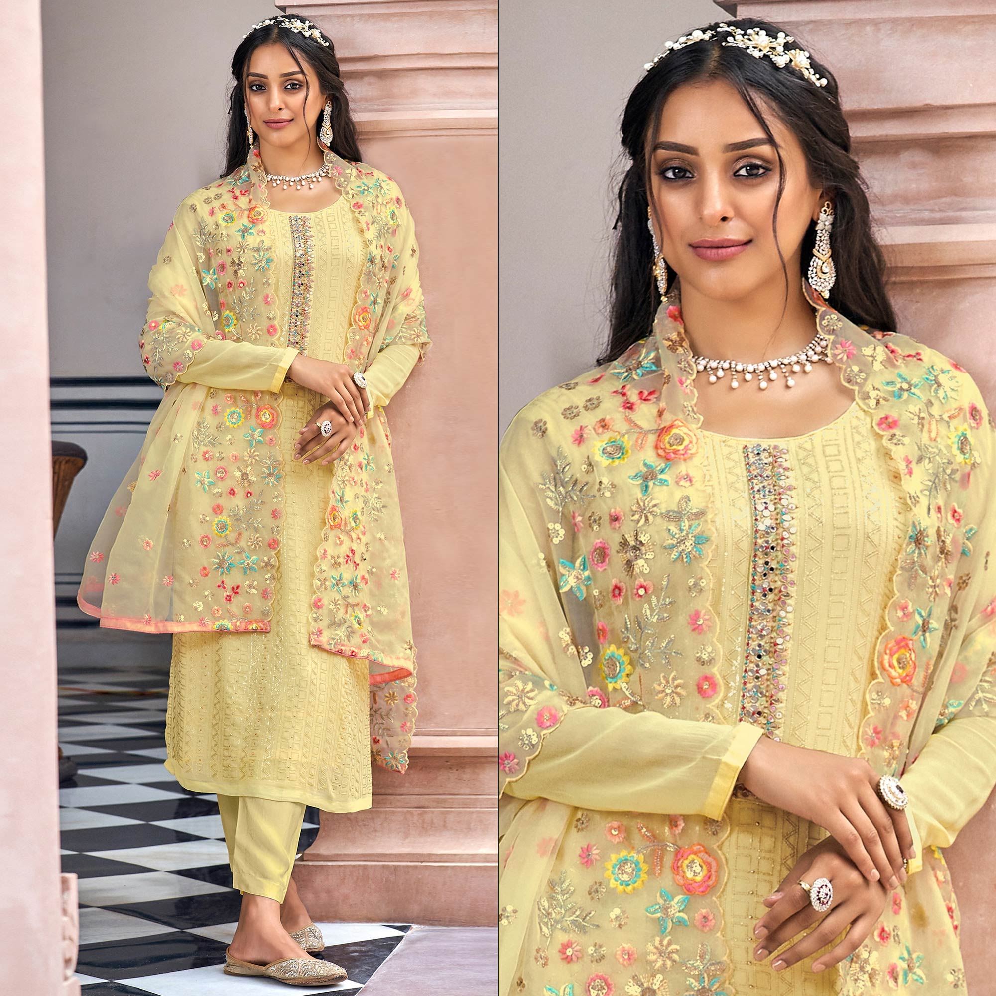 Peachmode Lemon Yellow Sequins Embroidered Georgette Semi Stitched Salwar Suit