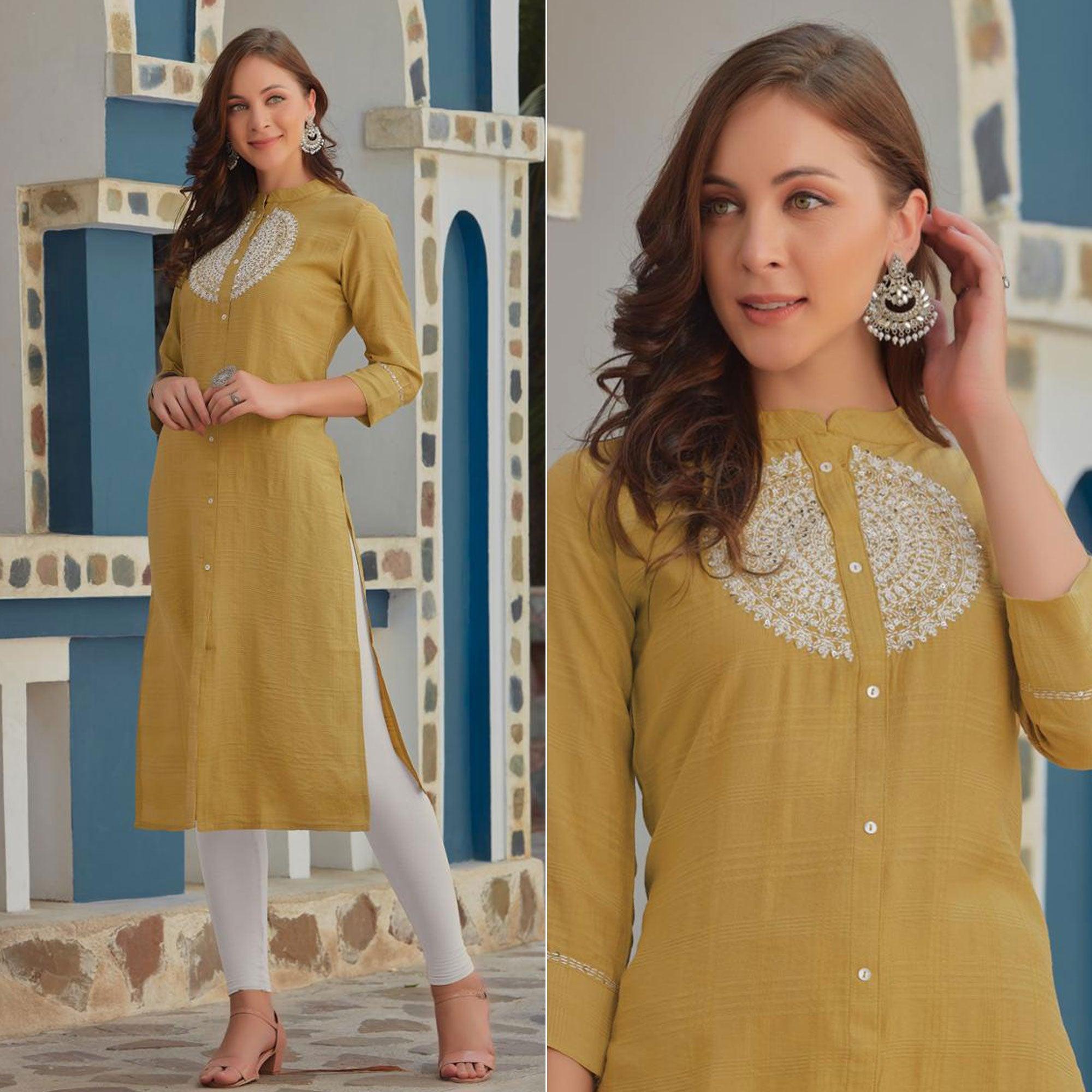 Peachmode Seller Mehendi Green Embroidered Cotton Blend Kurti