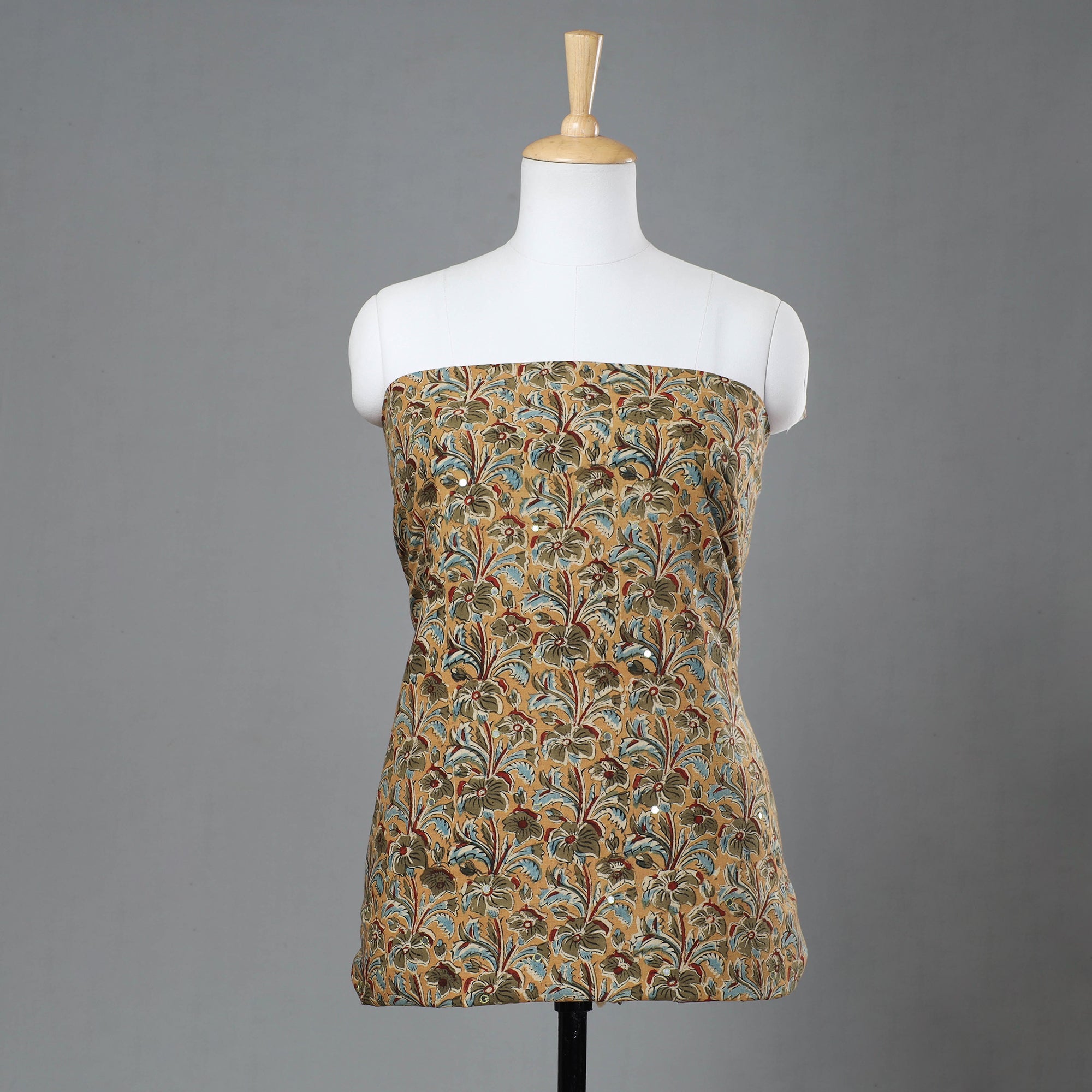 NOORI BAZAR Beige - Kalamkari Block Printed Sequin Work Cotton Kurta Material - 2.6 Meter
