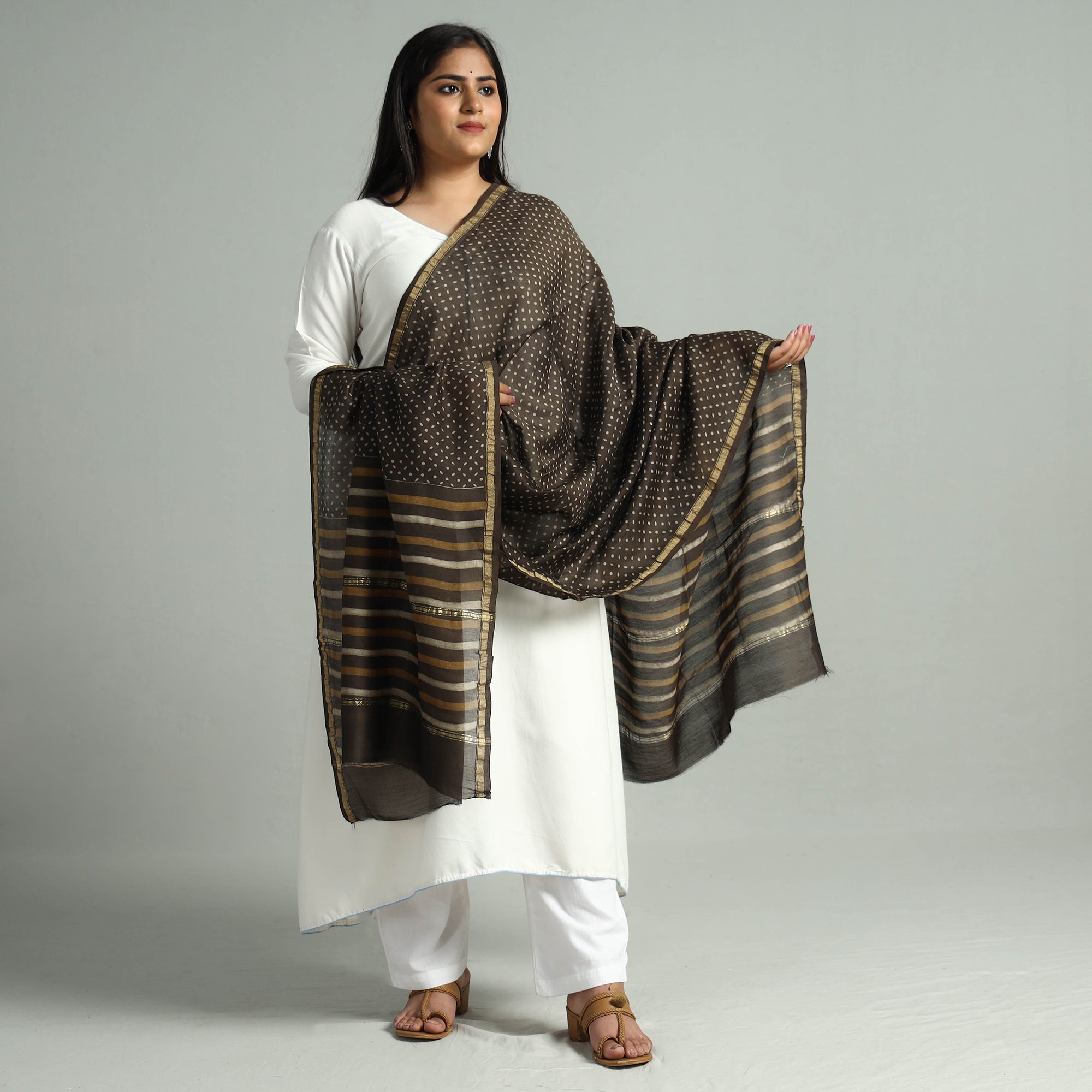 HAVELI CHRONICLES Brown - Akola Dabu Block Printed Handloom Chanderi Silk Dupatta with Zari Border 11 - view 2