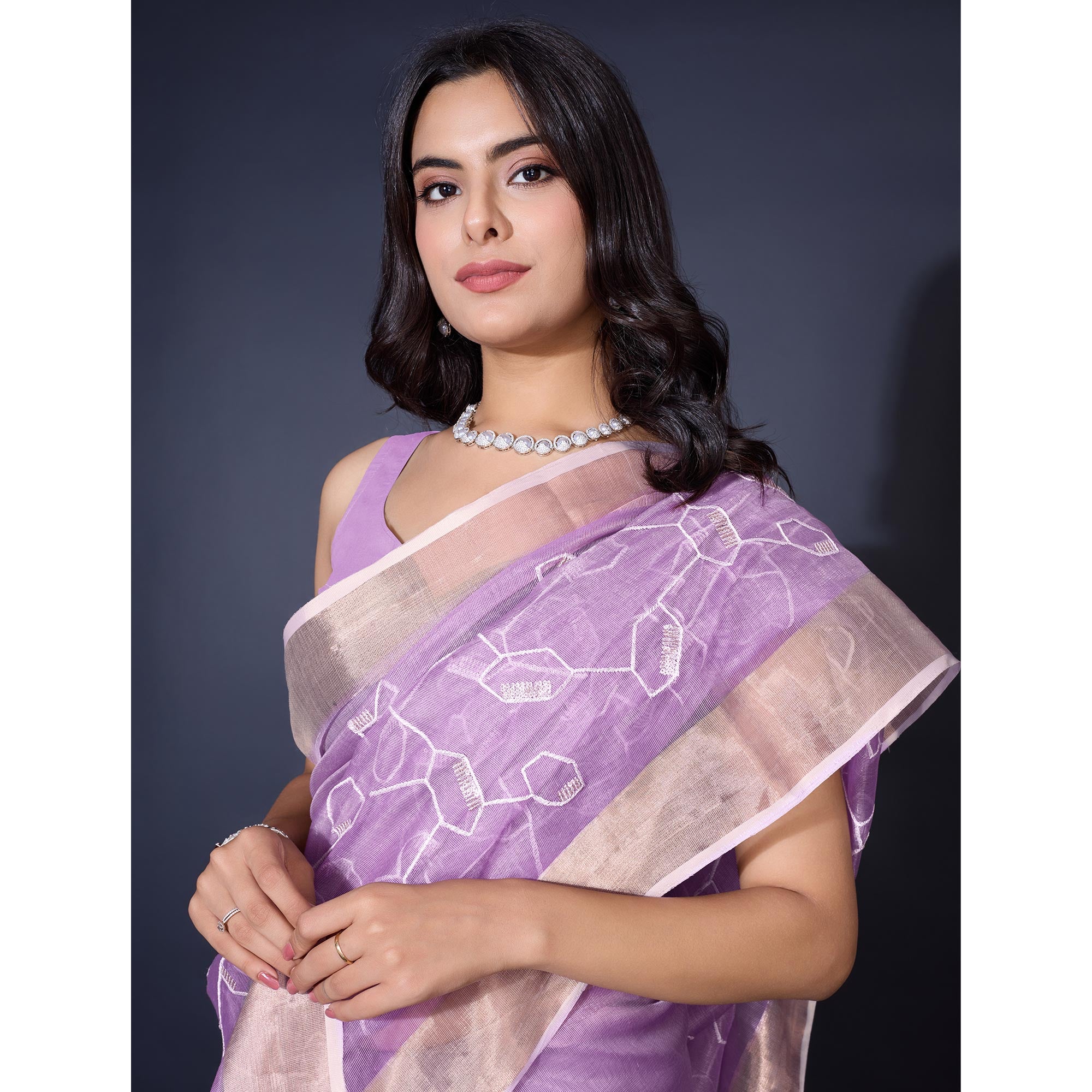 Peachmode Lavender Sequins Embroidered Cotton Silk Saree - view 7