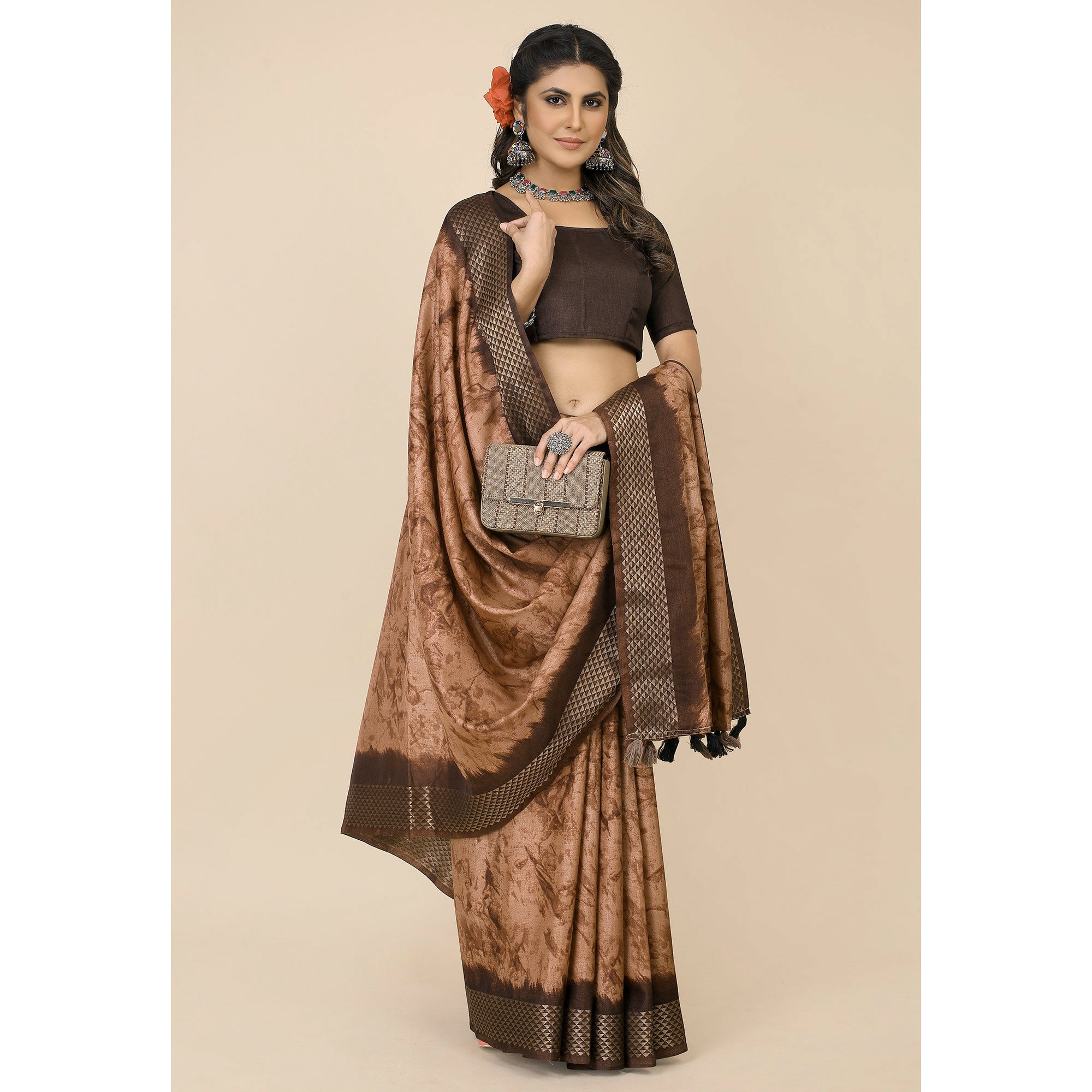 Peachmode Coffee Brown Printed Cotton Silk Saree With Zari Border - view 5