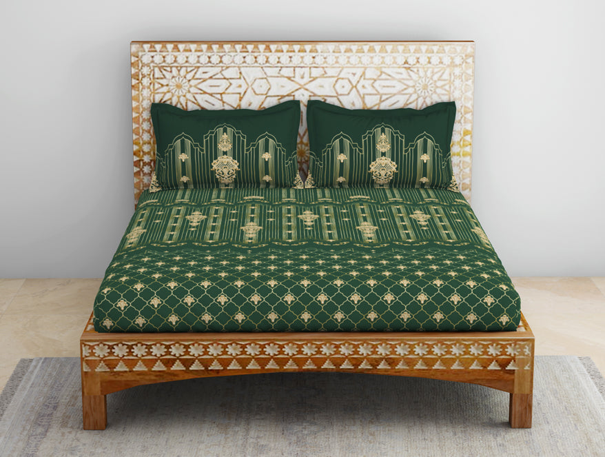 Spaces India Carving Ornate Dark Green 100% Cotton King Size Bedsheet - Rangana by Spaces