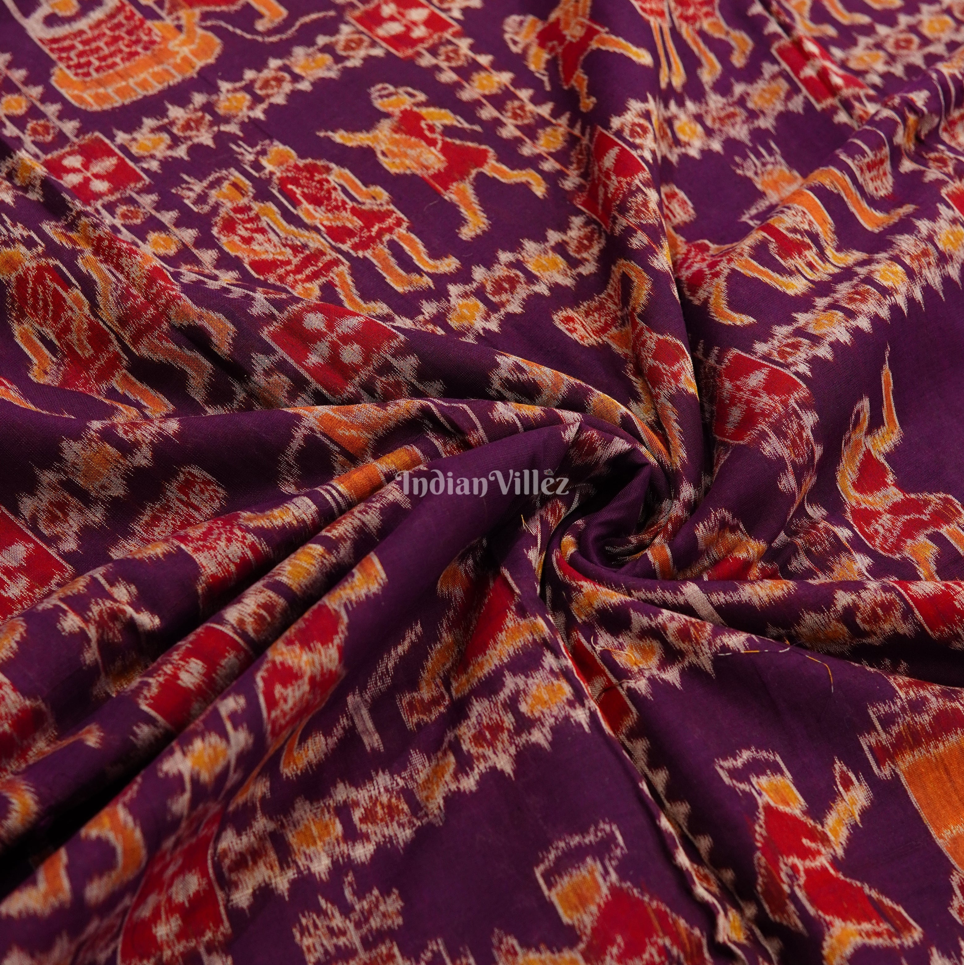 IndianVillèz Purple Tribal Village Theme Sambalpuri Ikat Cotton Fabric