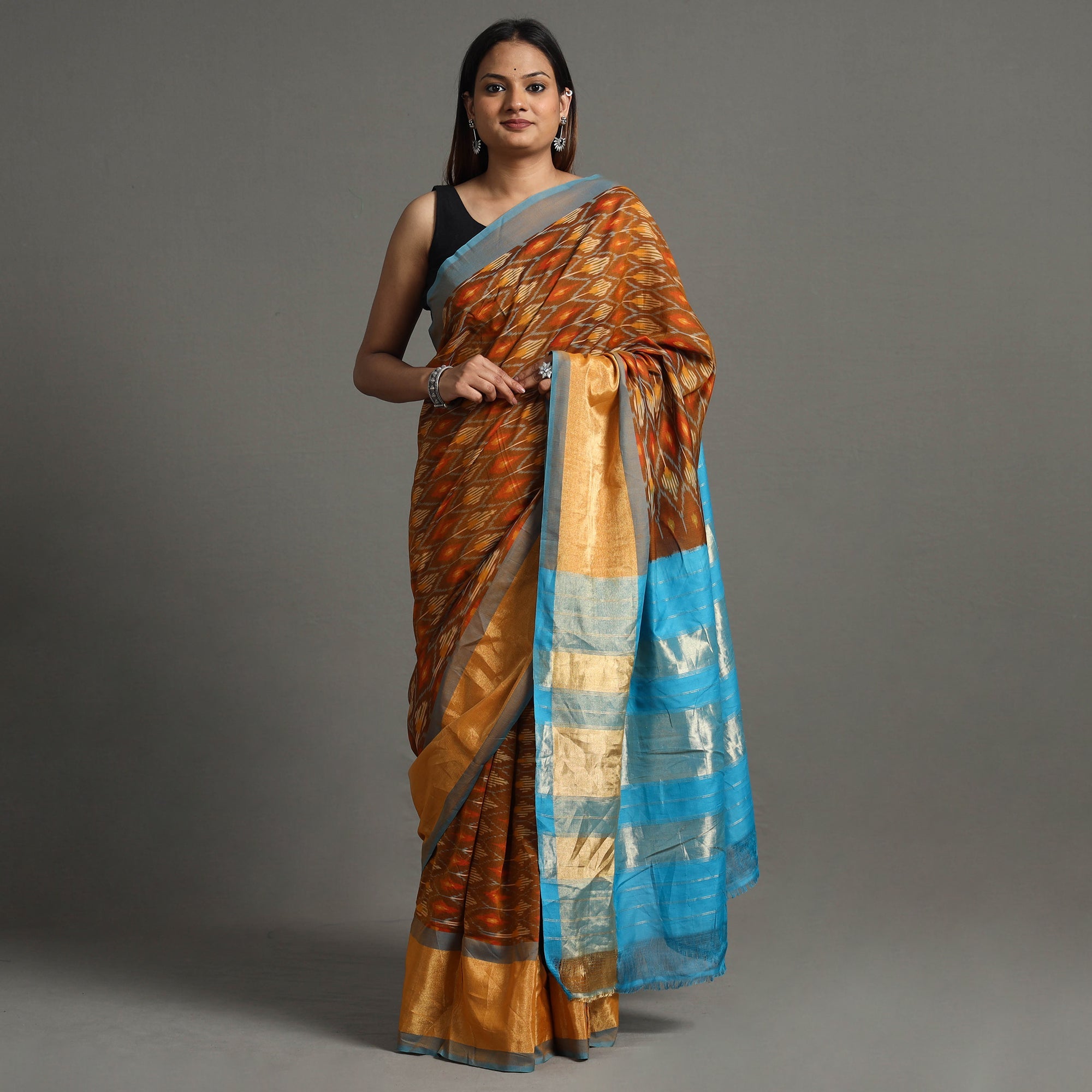 SOUTH KARGHA Brown - Pochampally Double Ikat Weave Handloom Mercerised Cotton Saree with Zari Border
