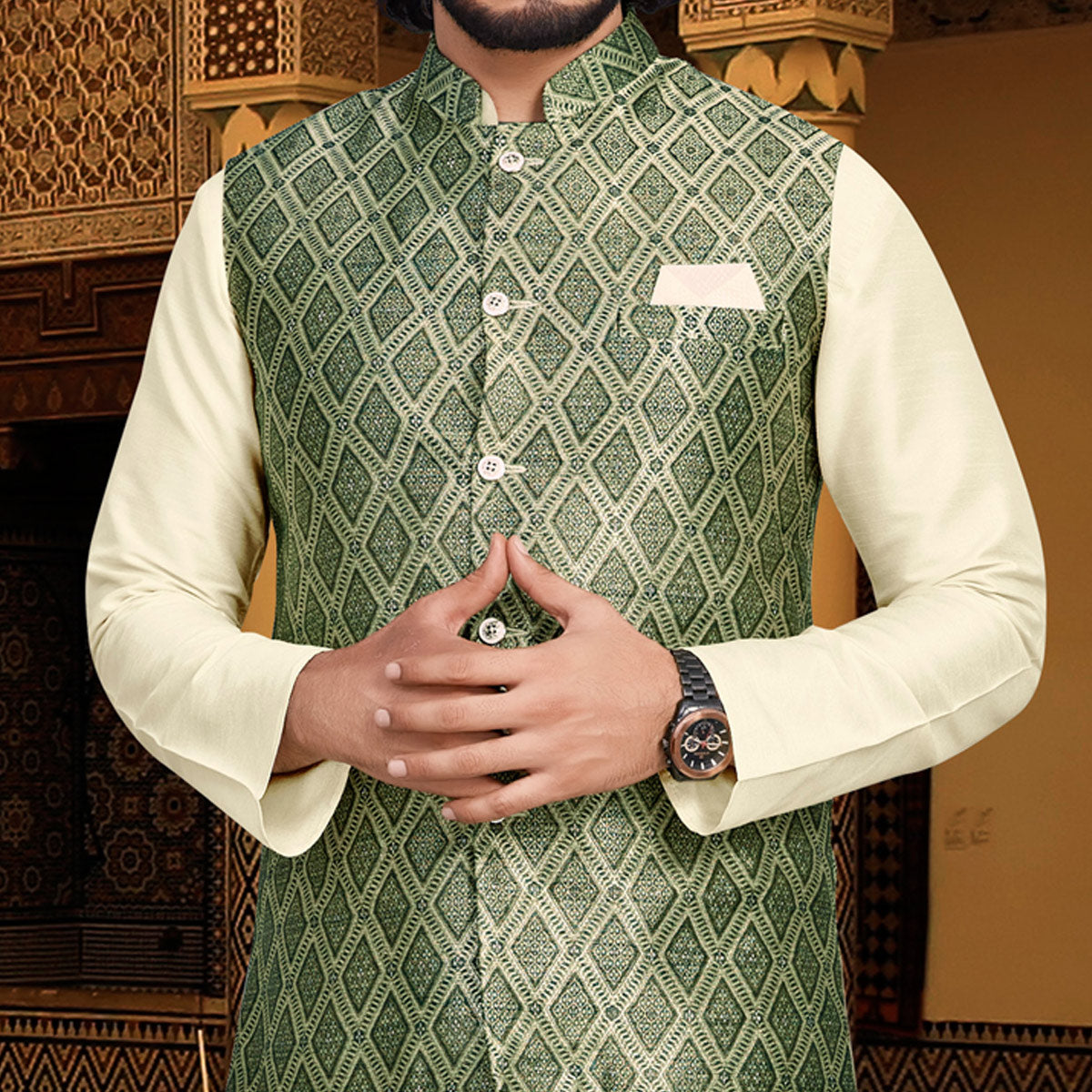 Peachmode Seller Cream Green Woven Art Silk Kurta Pyjama Set With Jacket - view 3
