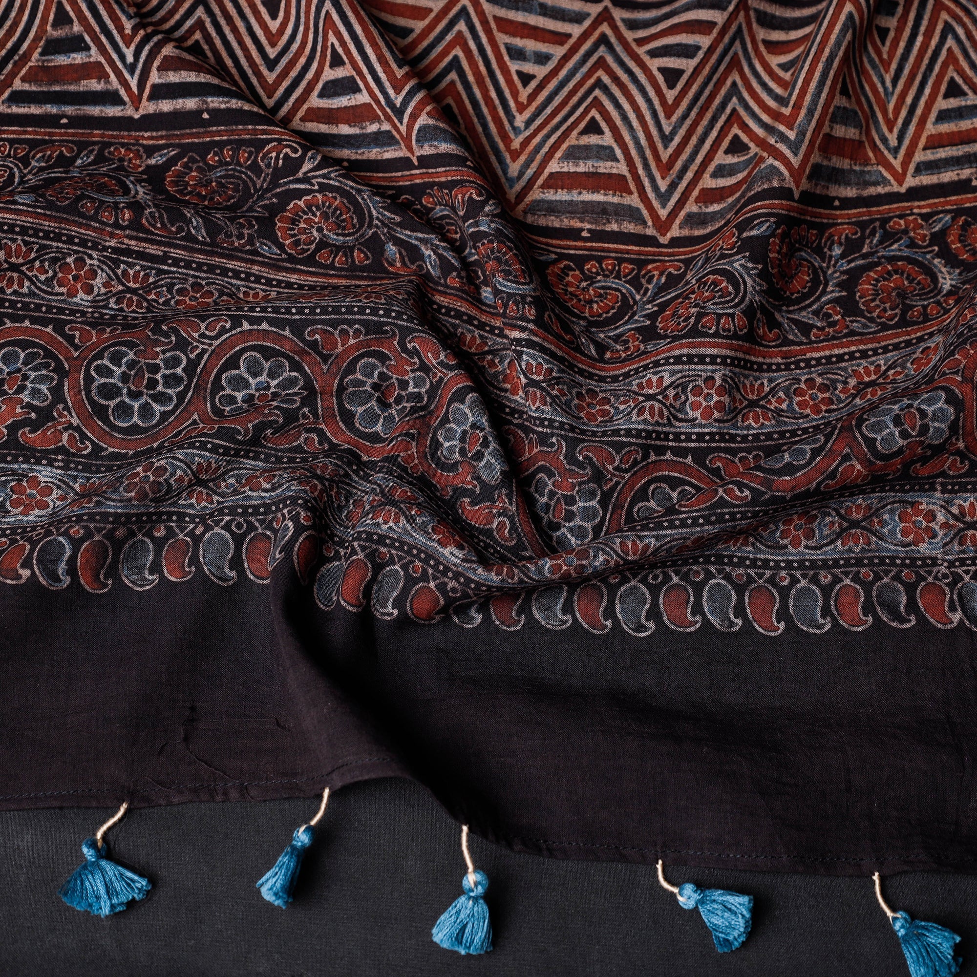 AJRAKH BY JABBAR KHATRI Black - Ajrakh Block Printed Mul Cotton Stole with Tassels - view 2