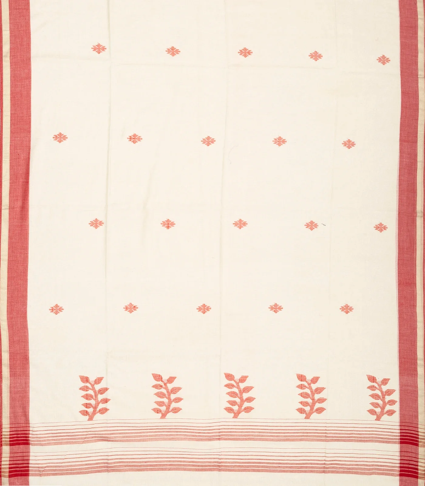 RmKV White Handloom Bengal Cotton Saree With Stripes & Buttas - view 2
