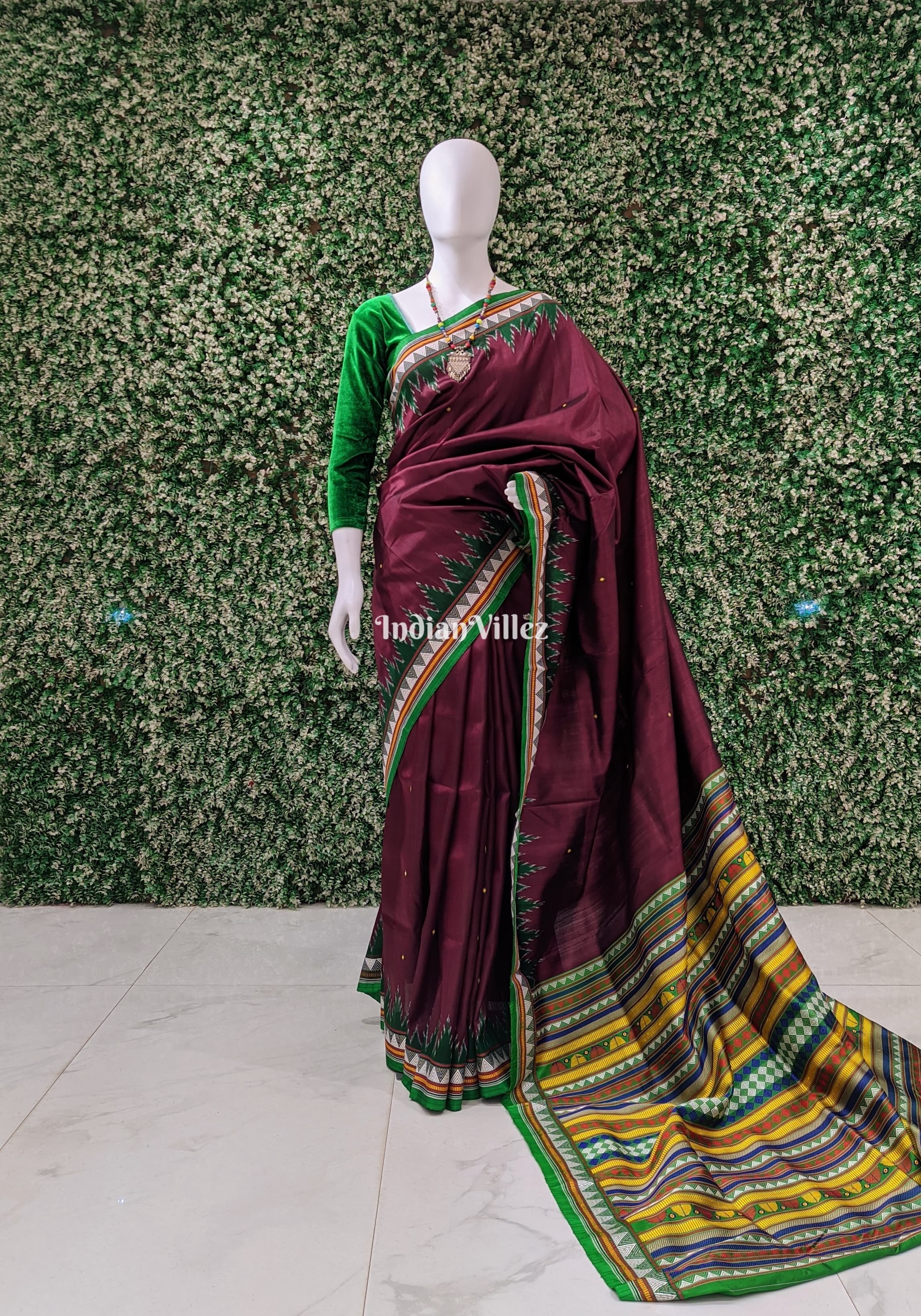 IndianVillèz Wine Color Dongria Border Contemporary Silk Saree