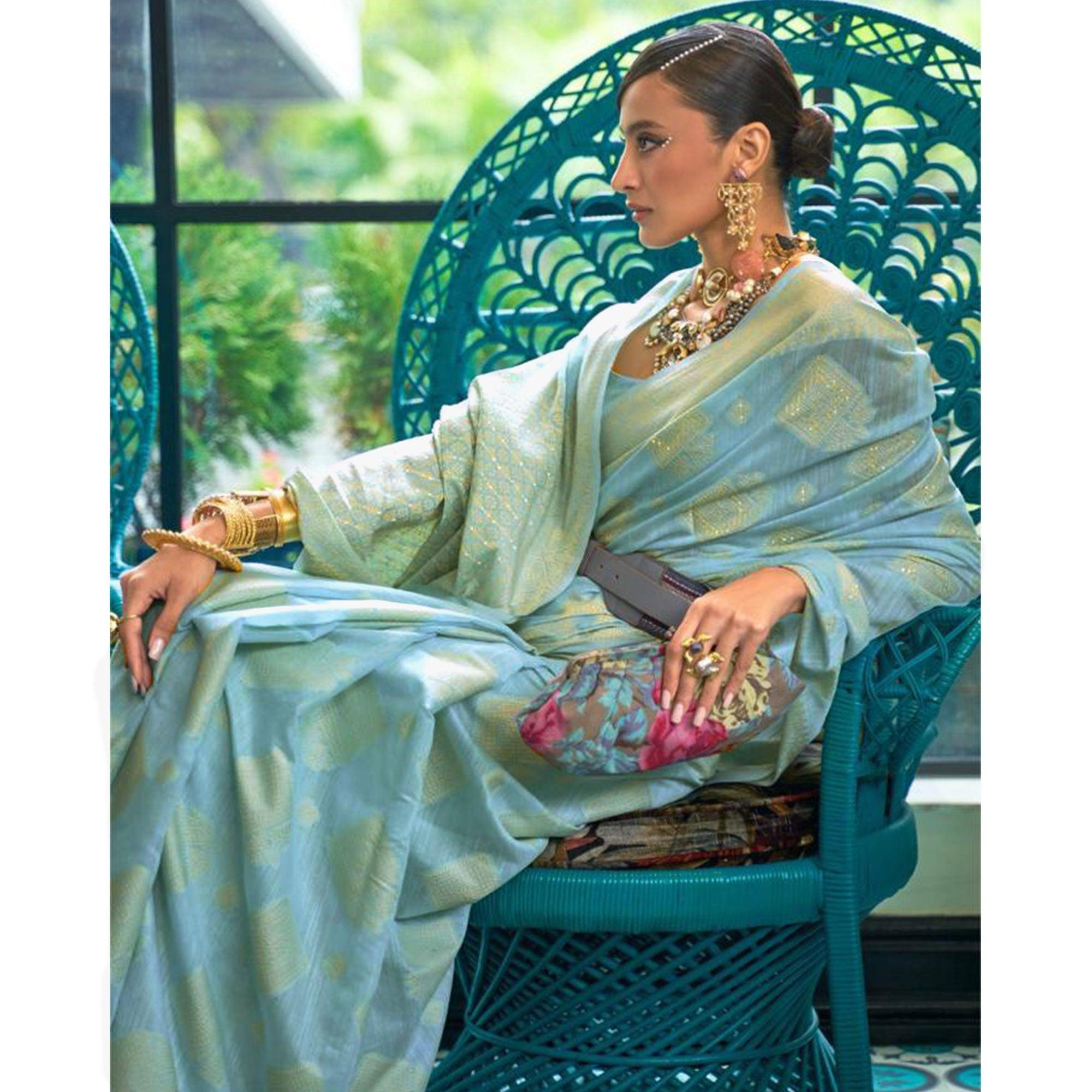 Peachmode Blue Woven-Sequins Handloom Silk Saree - view 4
