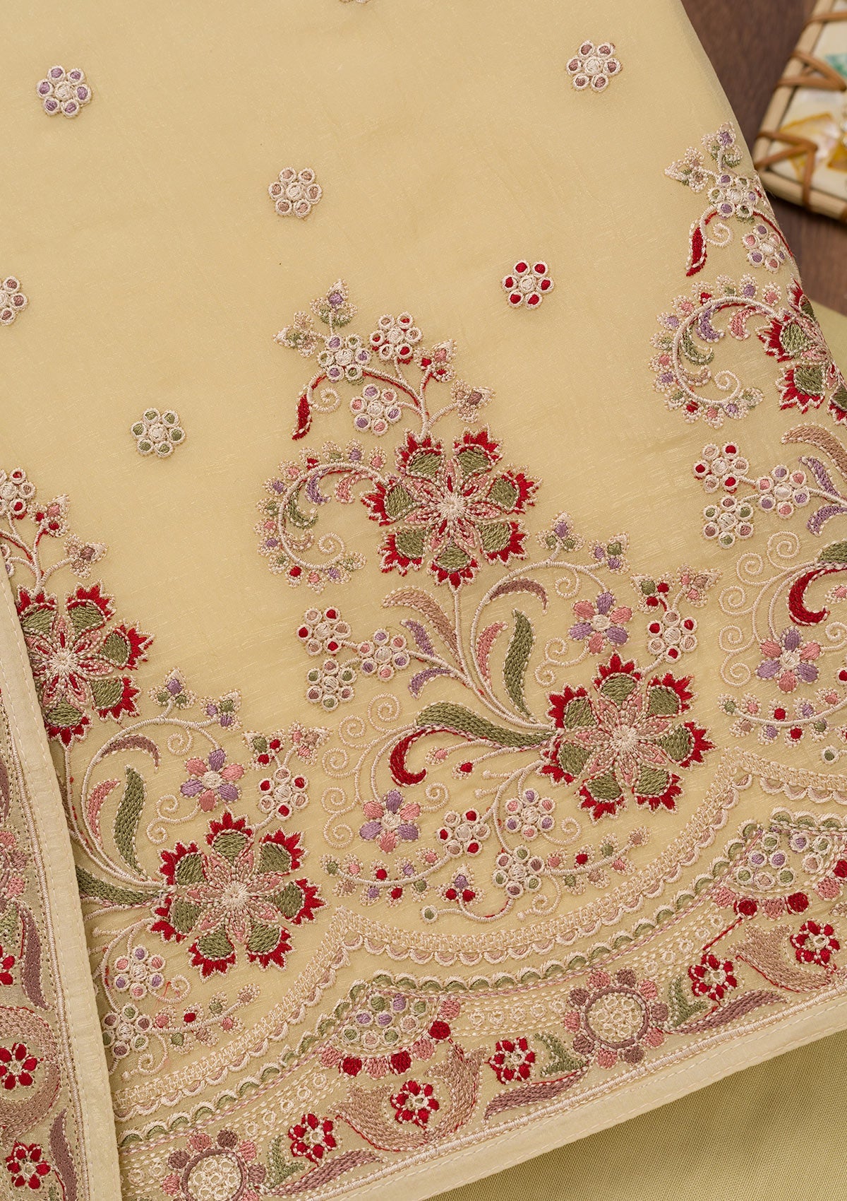 Koskii Lemon Yellow Threadwork Semi Crepe Unstitched Salwar Suit - view 2
