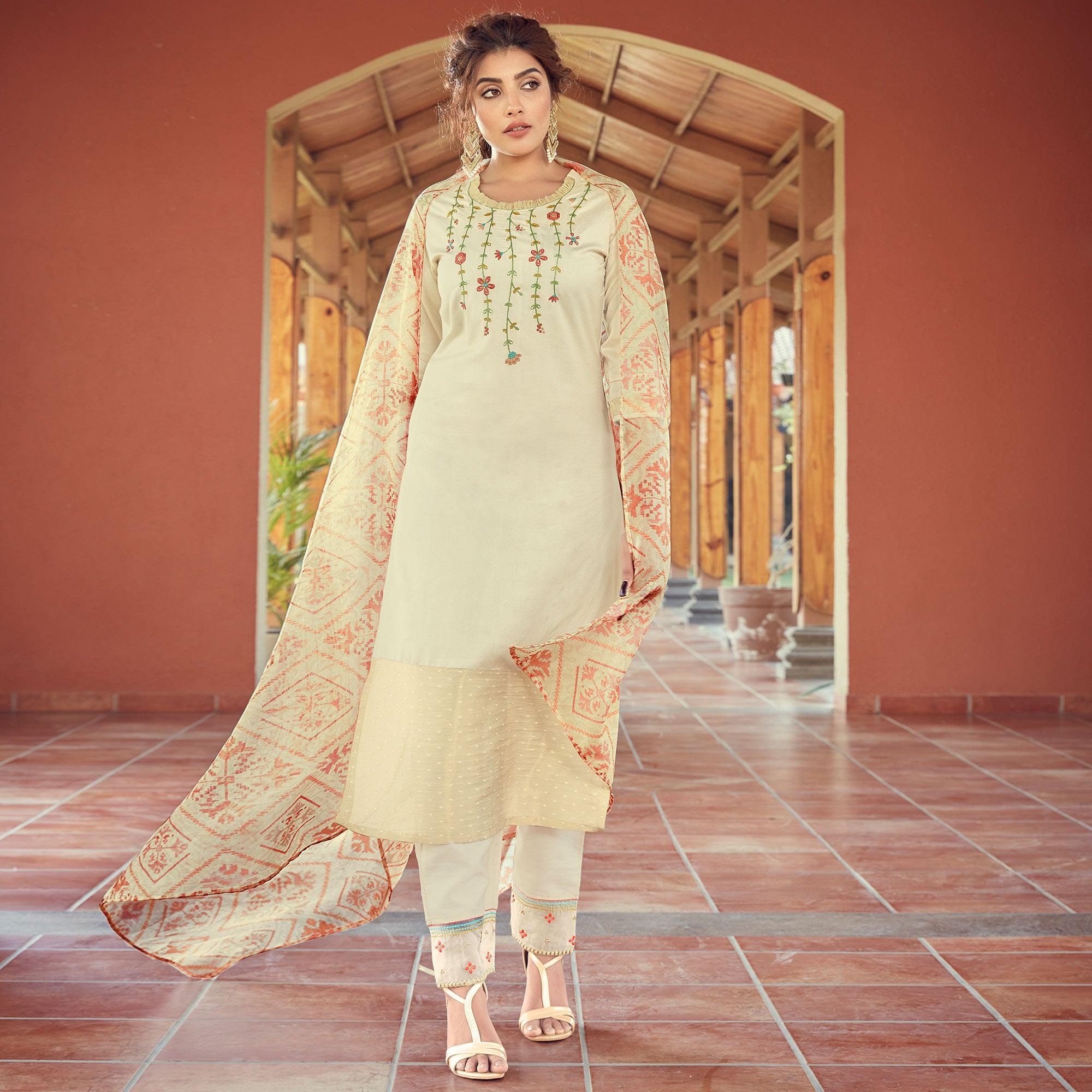 Peachmode Cream Floral Embroidered Viscose Kurti - Pant Set With Dupatta
