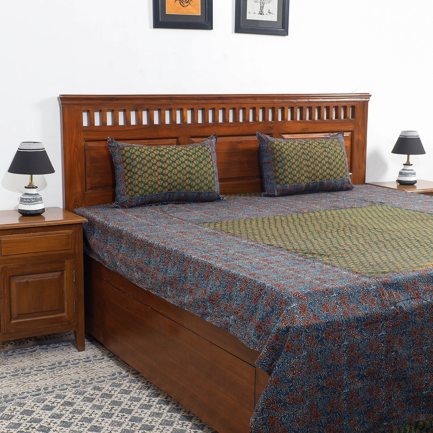 HAVELI CHRONICLES Blue - Ajrakh Patch Tukdi Kaam Cotton Double Bed Cover with Pillow Covers (109 x 86 in)