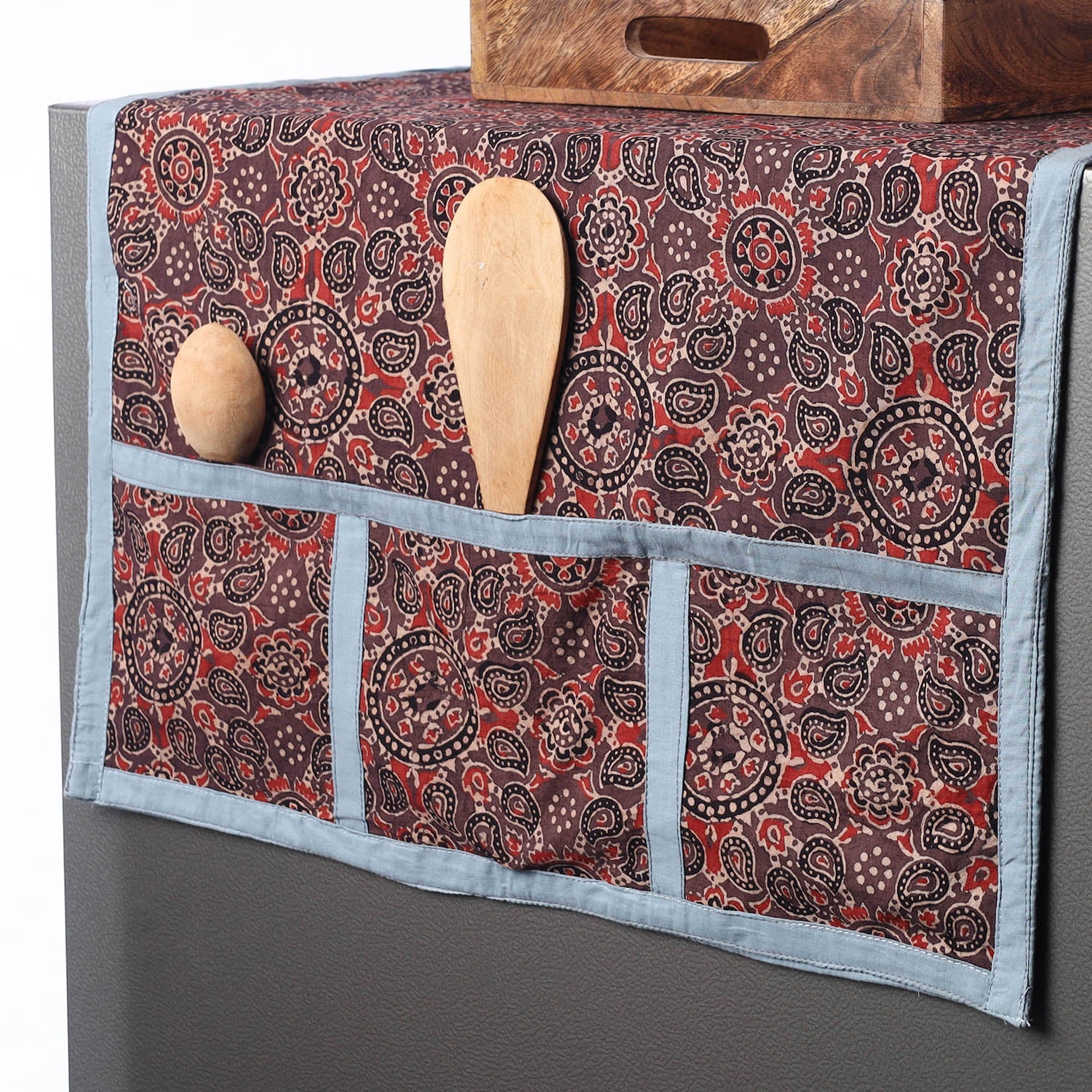 JALPARI Brown - Ajrakh Block Printed Cotton Fridge Top Cover with Multiple Pockets - view 2