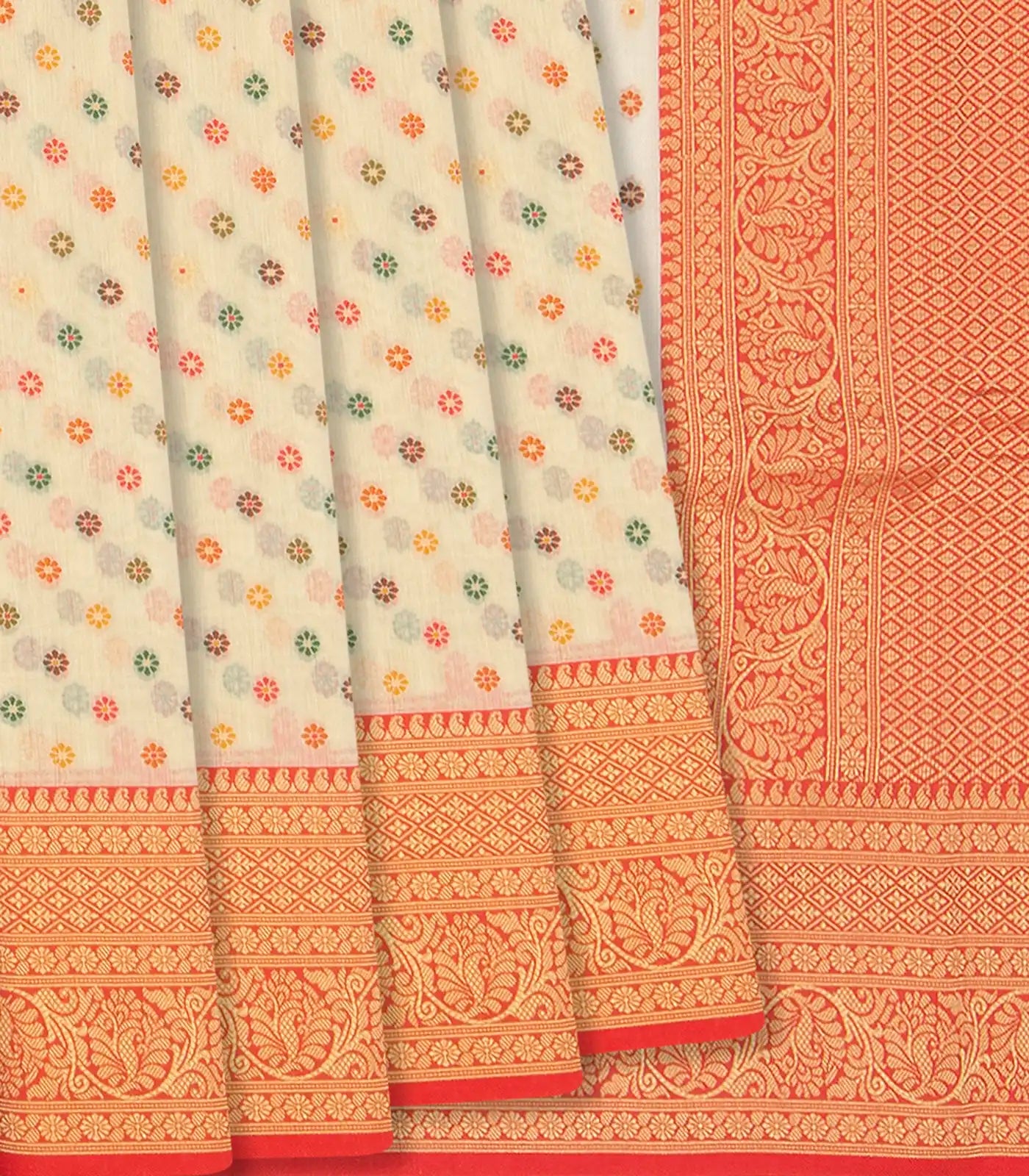 RmKV Off White Blended Pashmina Kani Saree With Floral Motifs & Red Border-Off White