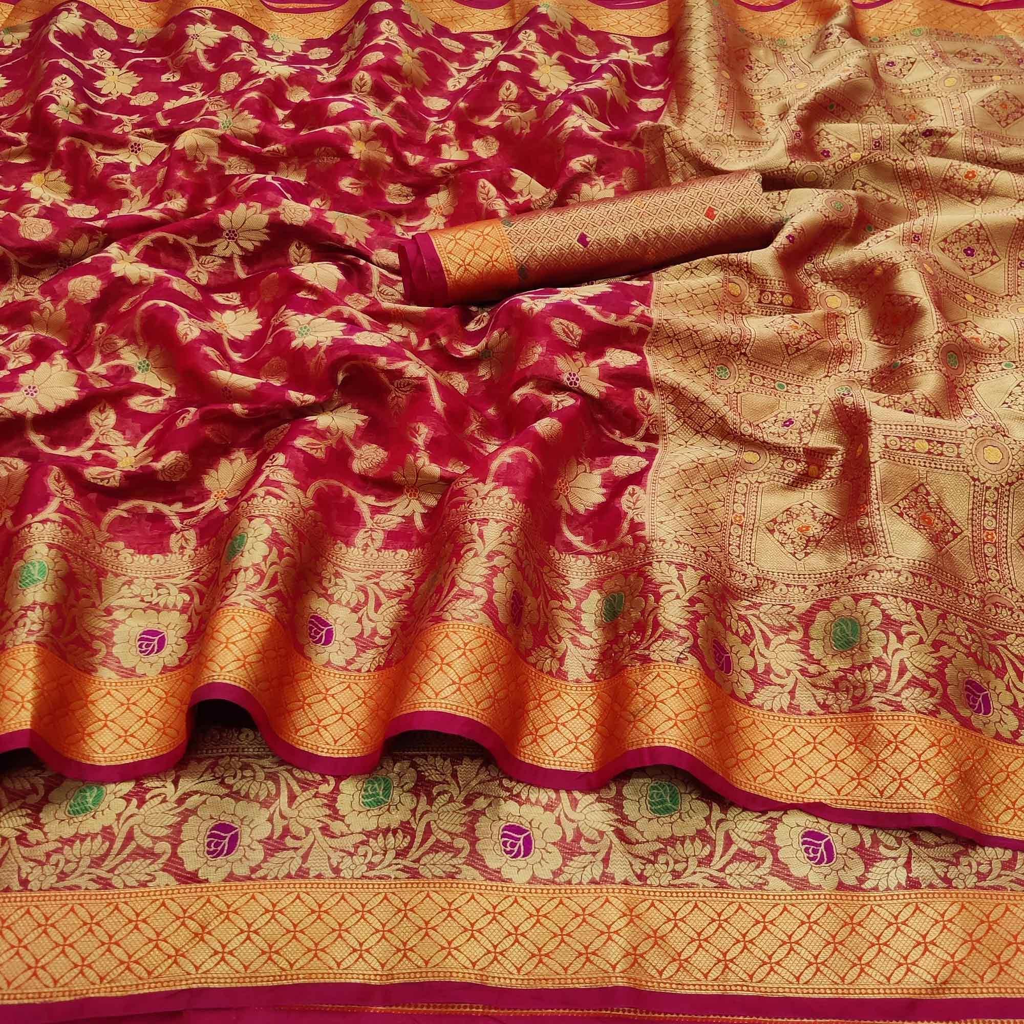 Peachmode Dark Pink Festive Wear Floral Woven Organza Saree - view 2