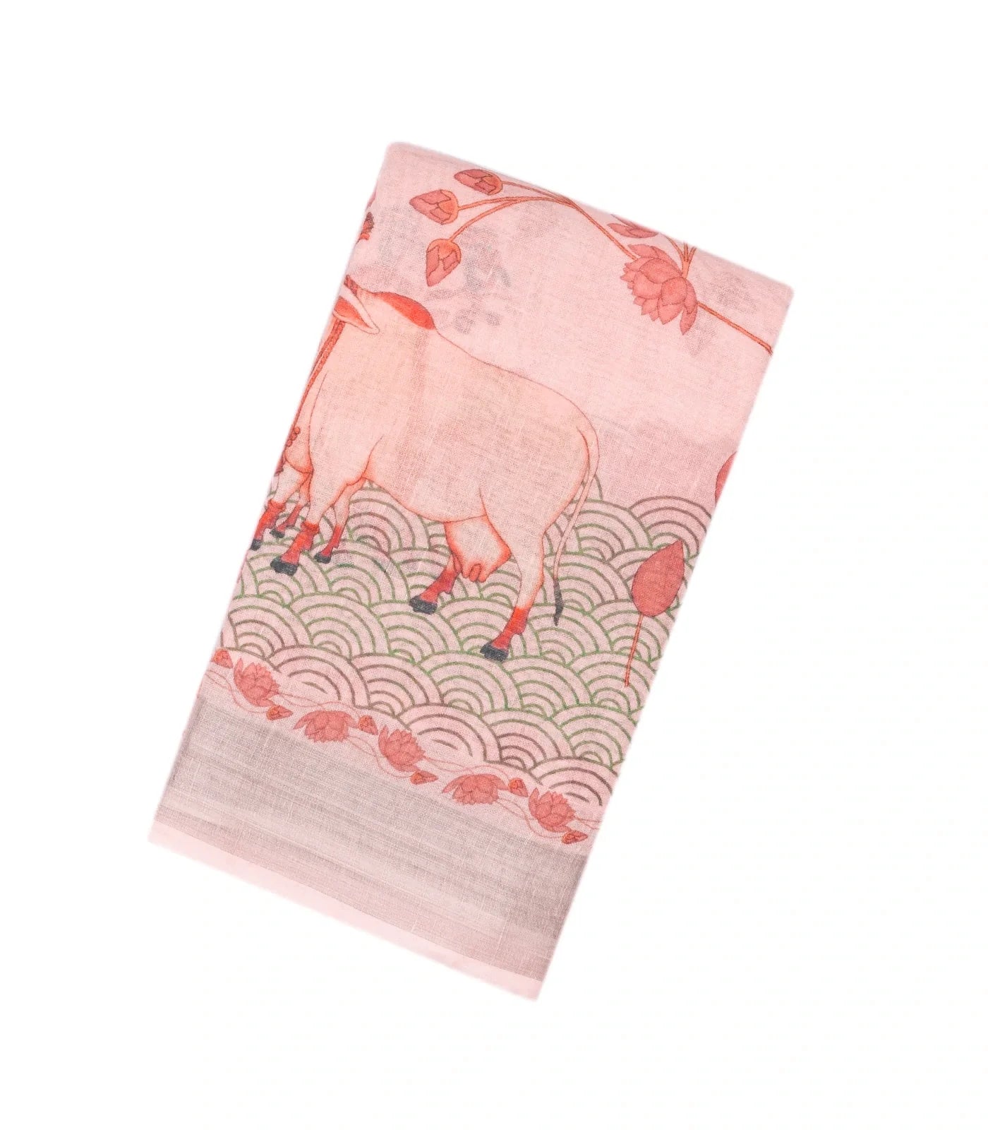 RmKV Bubblegum Pink Handloom Linen Saree With Printed Cow Motifs