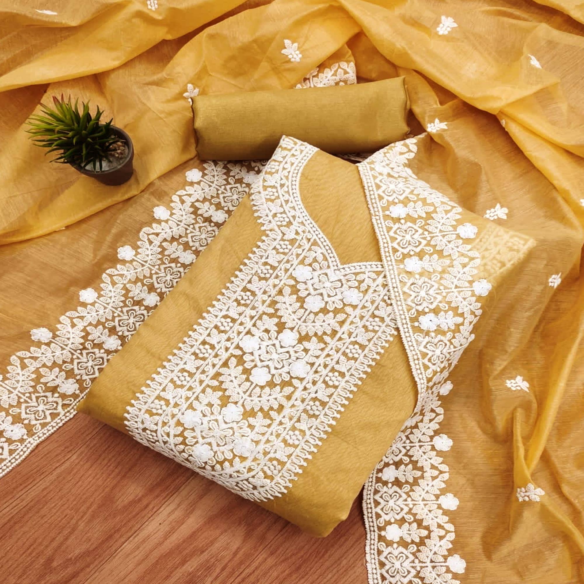 Peachmode Chikoo Lucknowi Embroidered Modal Dress Material