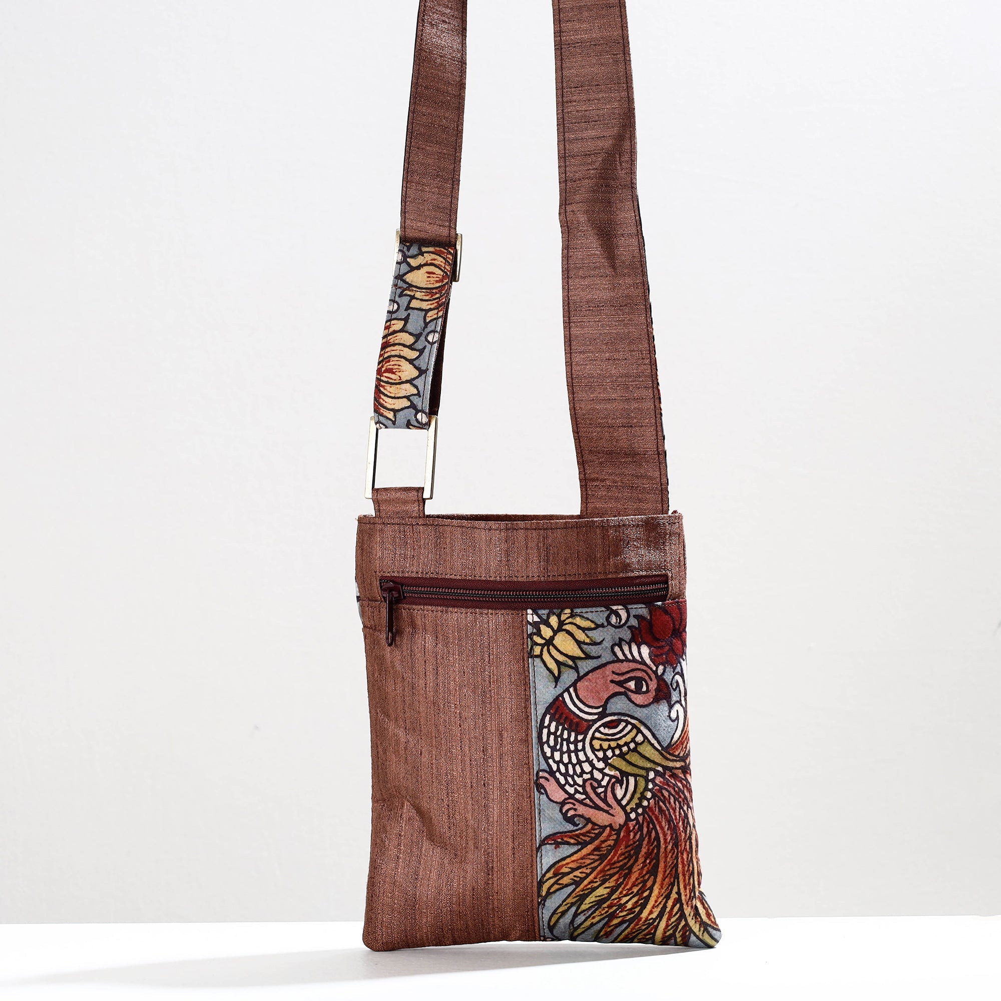 DWARAKA PLUS Brown - Handpainted Kalamkari Natural Dyed Ghicha Silk Sling Bag