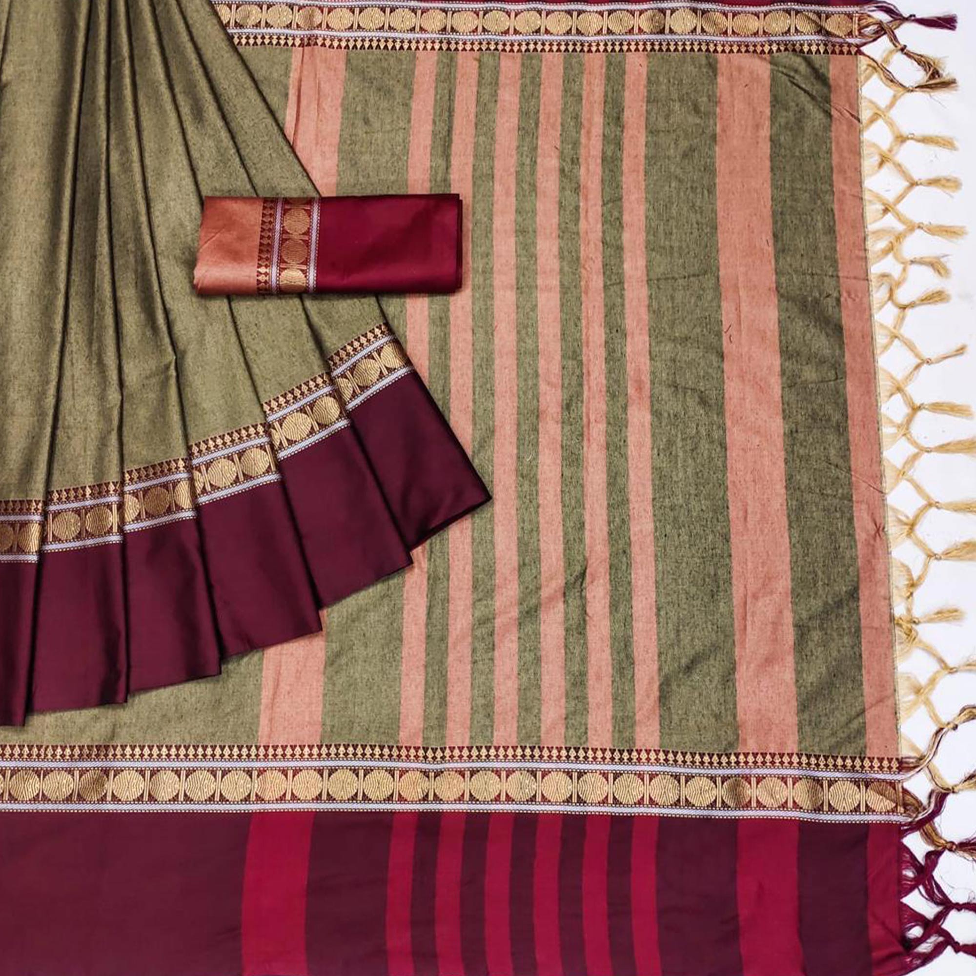 Peachmode Chikoo Woven Cotton Silk Saree With Tassels - view 3