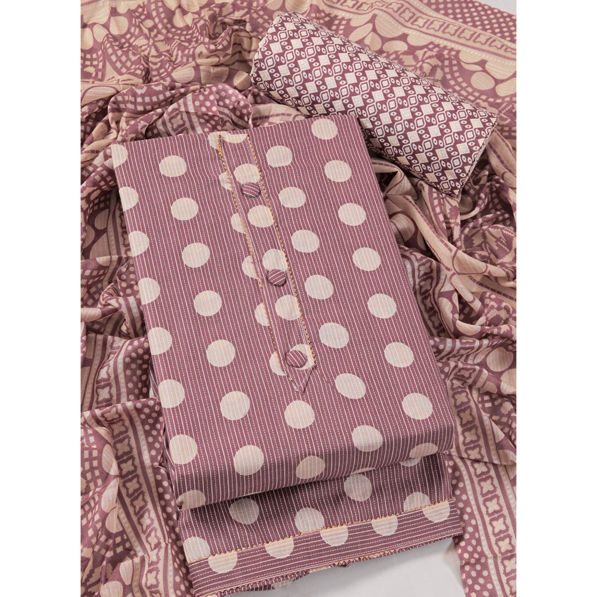 Peachmode Mauve Printed With Gota Patti Work Pure Cotton Dress Material - view 3