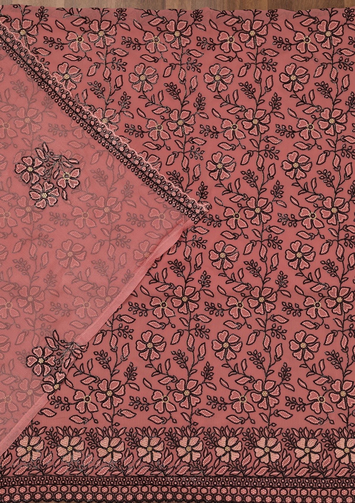 Koskii Peach Threadwork Georgette Unstitched Salwar Suit - view 3