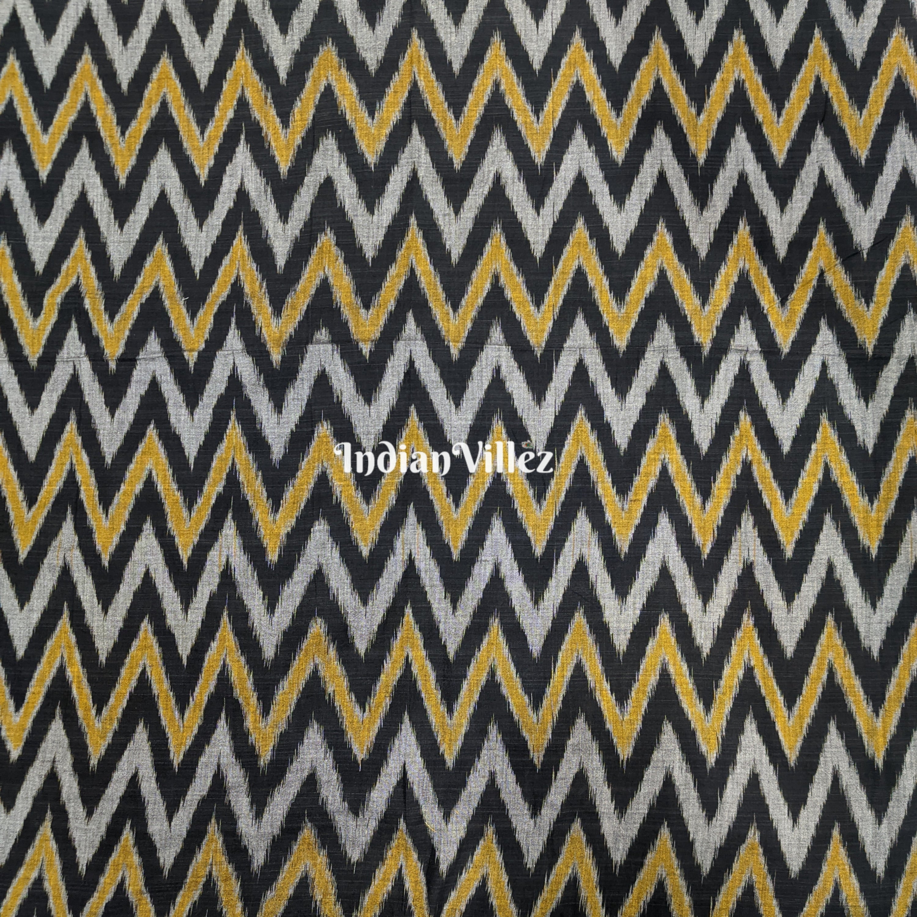 IndianVillèz Black with Yellow Waves Motif Cotton Ikat Handloom Fabric - view 2