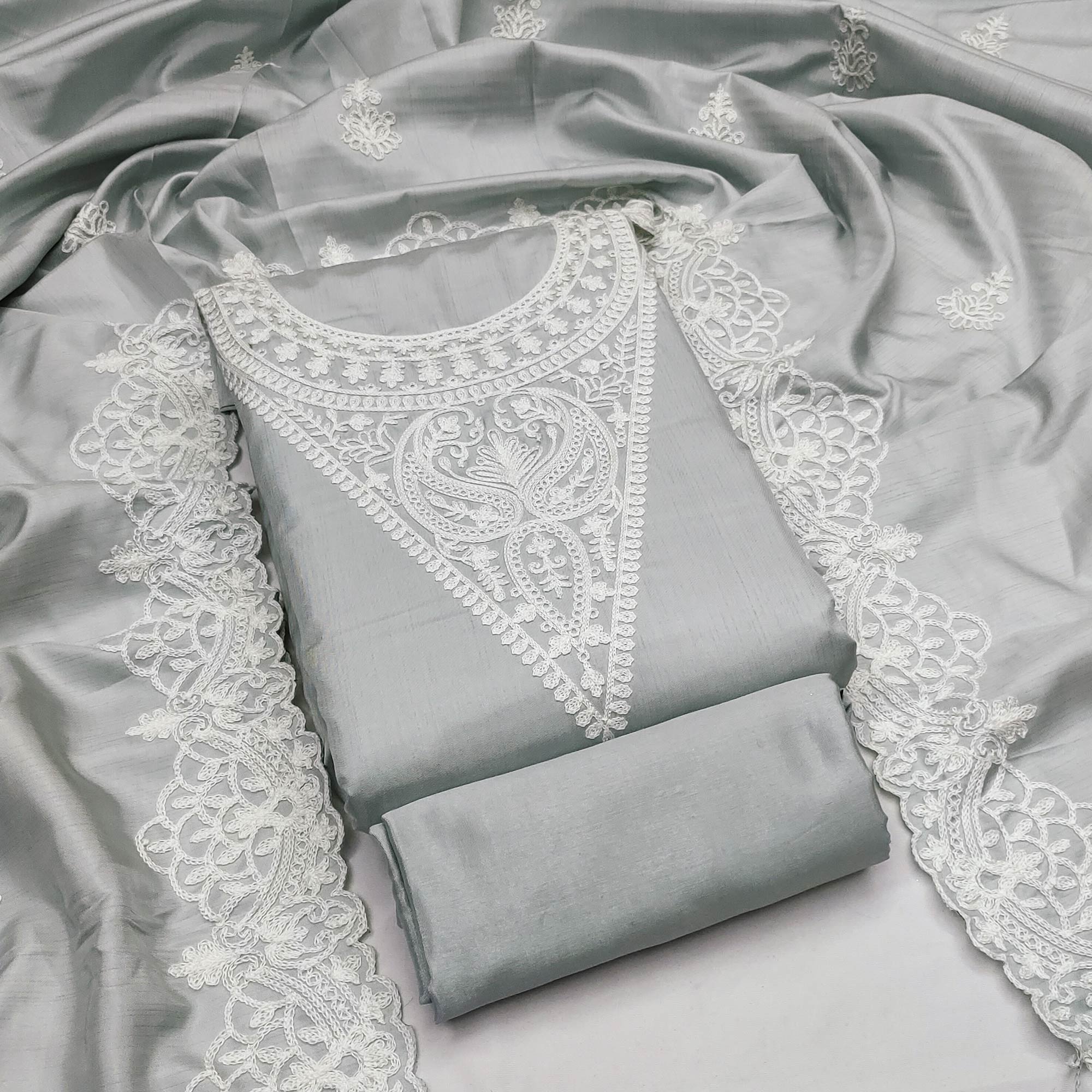 Grey dresses – BlackTree grey-paisley-floral-embroidered-art-silk-dress-material