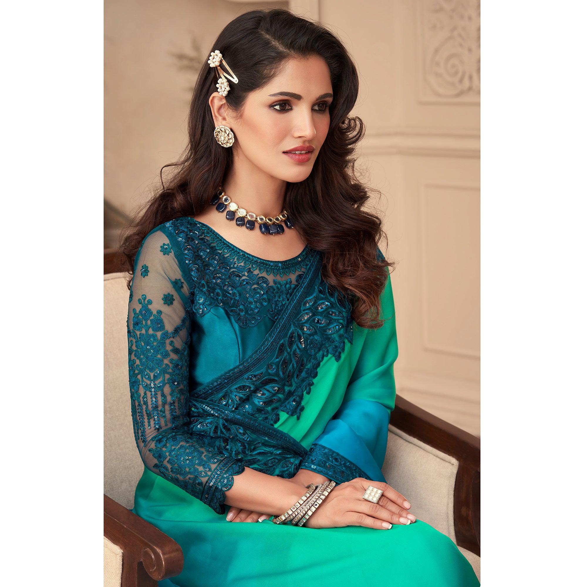 Peachmode Light Blue & Pista Green Floral Sequins Embroidered Art Silk Saree - view 4