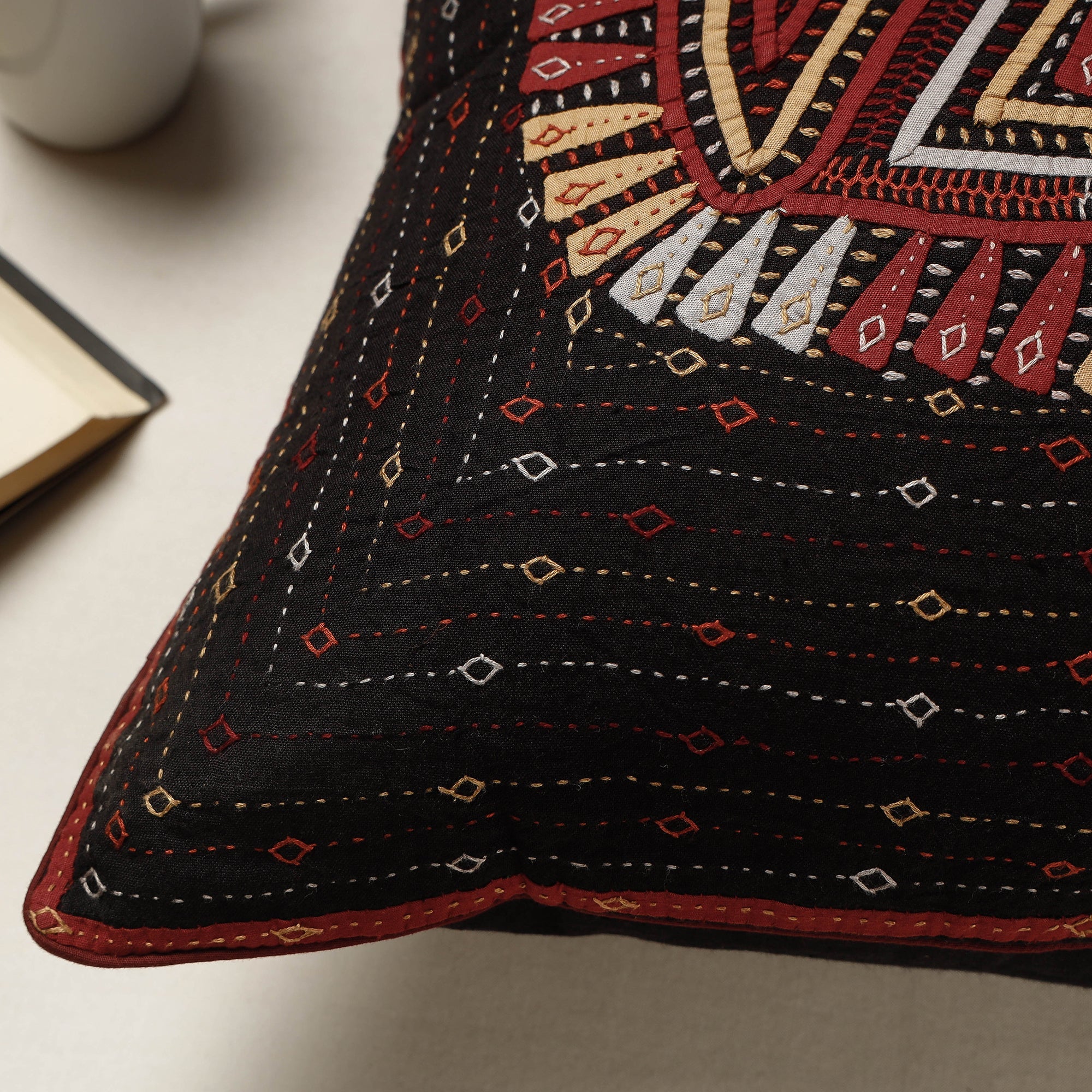 QASAB Black - Kutch Dhebariya Qatab Hand Embroidered Cotton Cushion Cover (16 x 16 in) - view 2