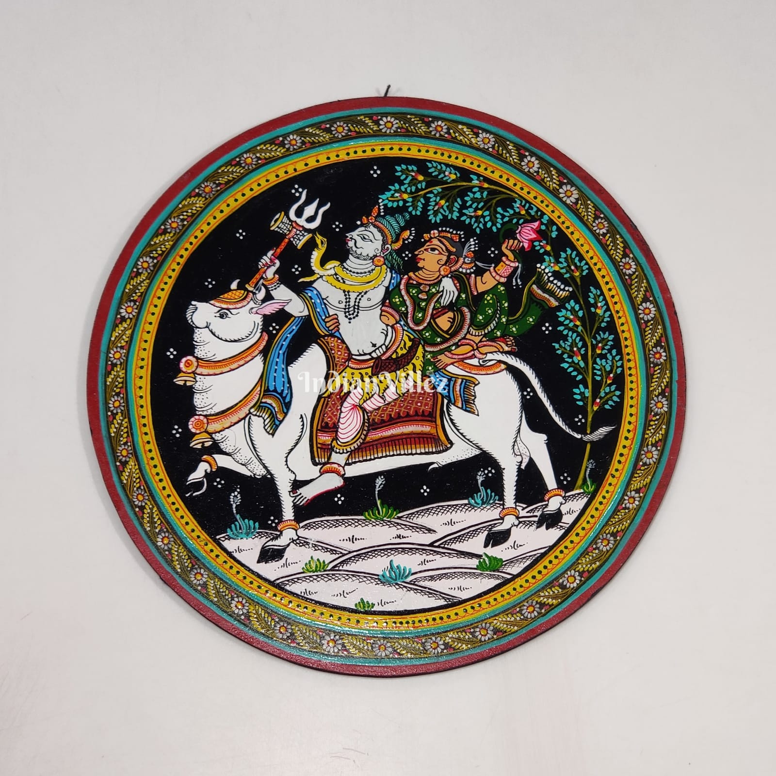 IndianVillèz Shiva Parvati Hand-Painted Pattachitra Wall Plate (GI-Tag Handicraft)