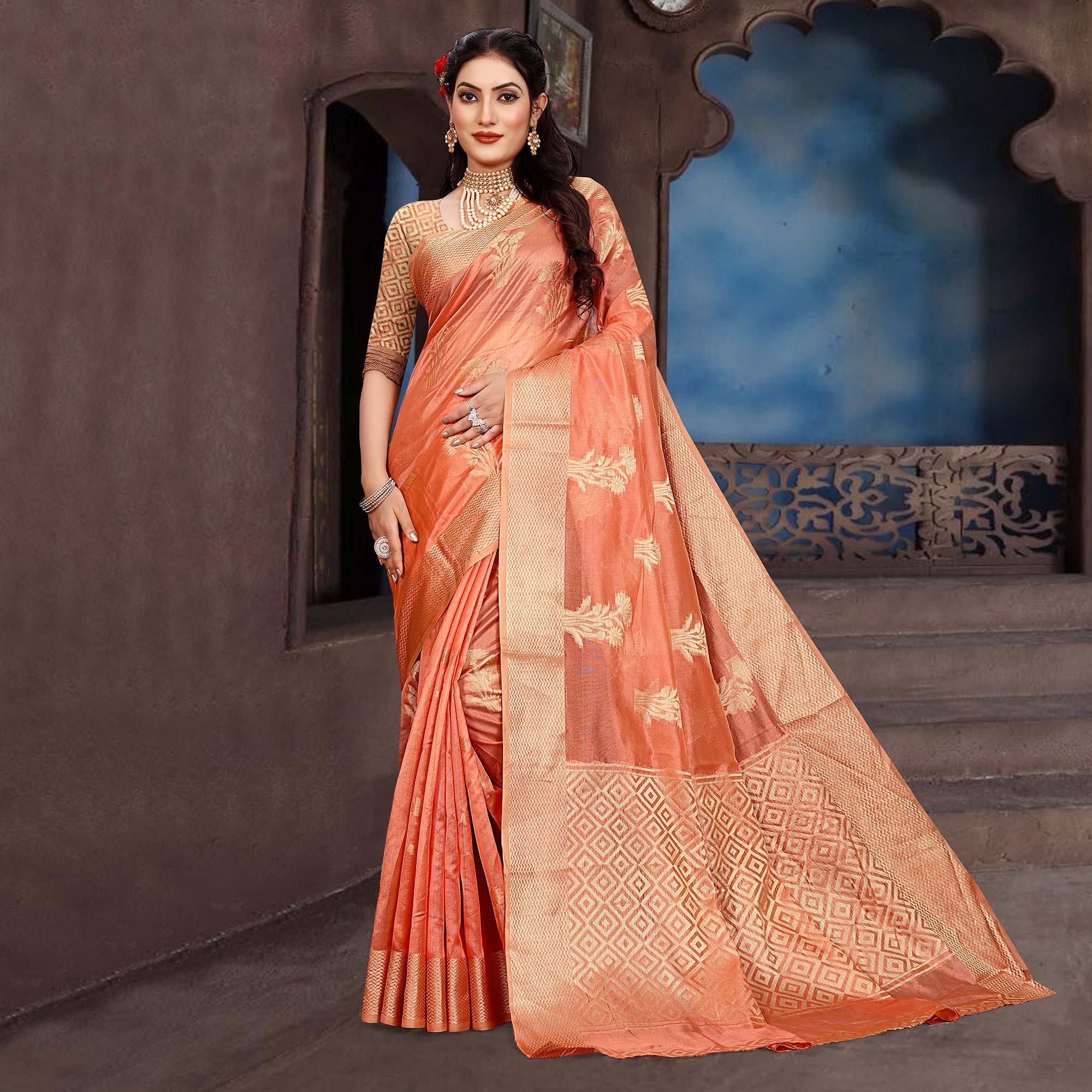 Peachmode Dark Peach Floral Woven Organza Saree