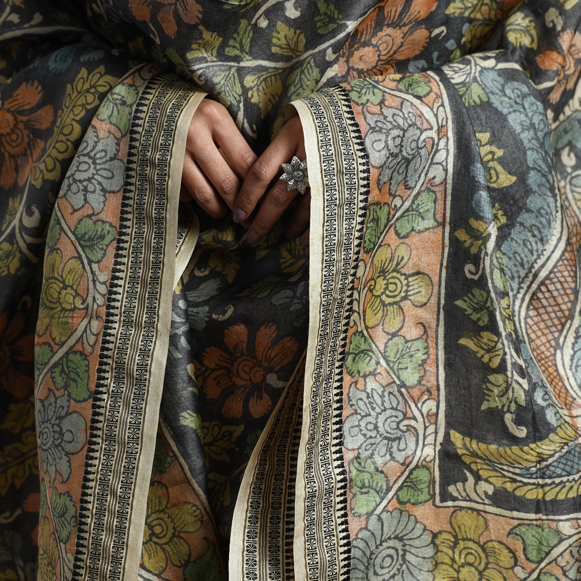 SOUTH KARGHA Black - Pure Tussar Silk Pen Work Srikalahasti Kalamkari Dupatta with Dobby Border - view 5